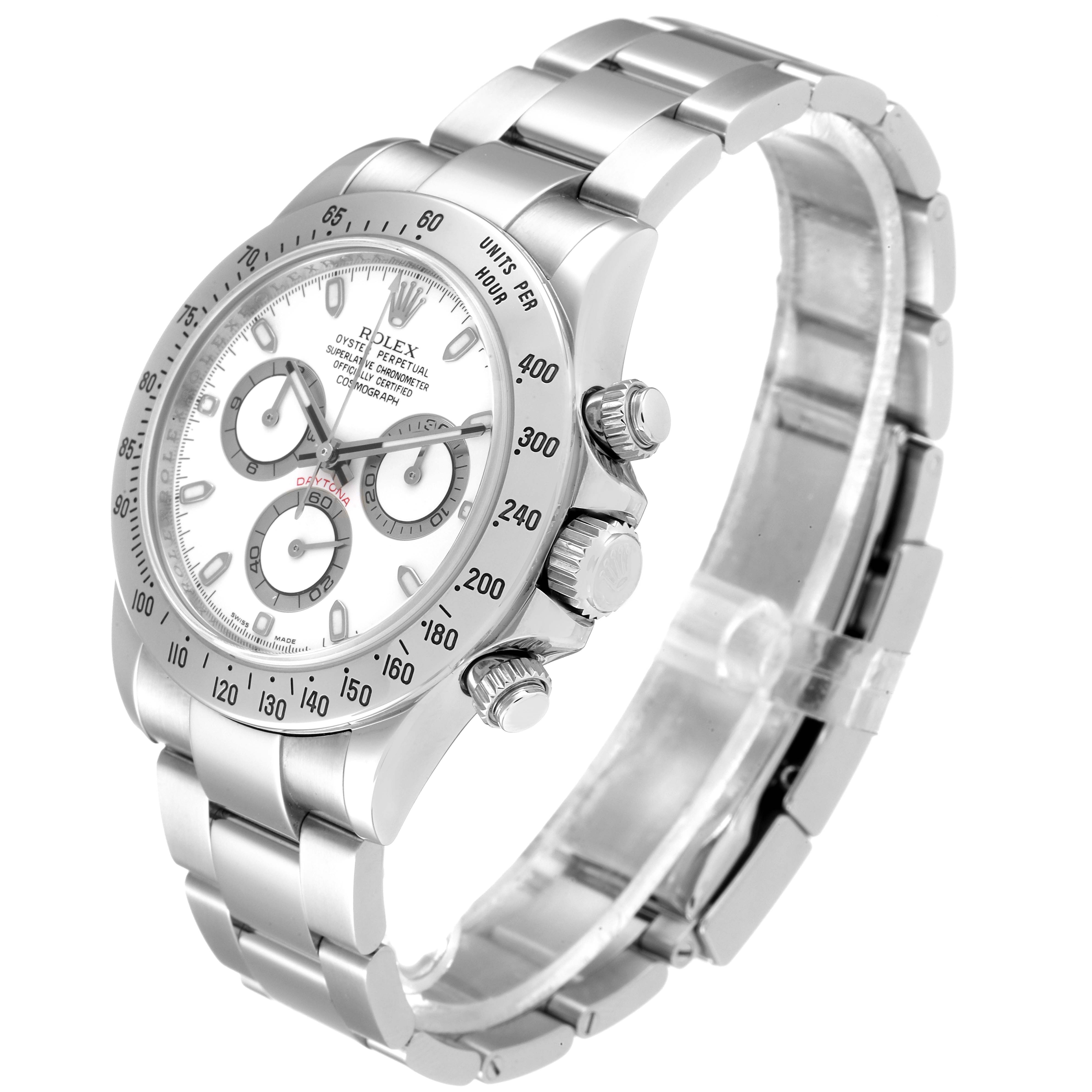 The image shows a side view of a Rolex Daytona 116520 Men's Stainless Steel White Dial 116520 Men's Stainless Steel White Dial watch, displaying its dial, bezel, crown, and bracelet.