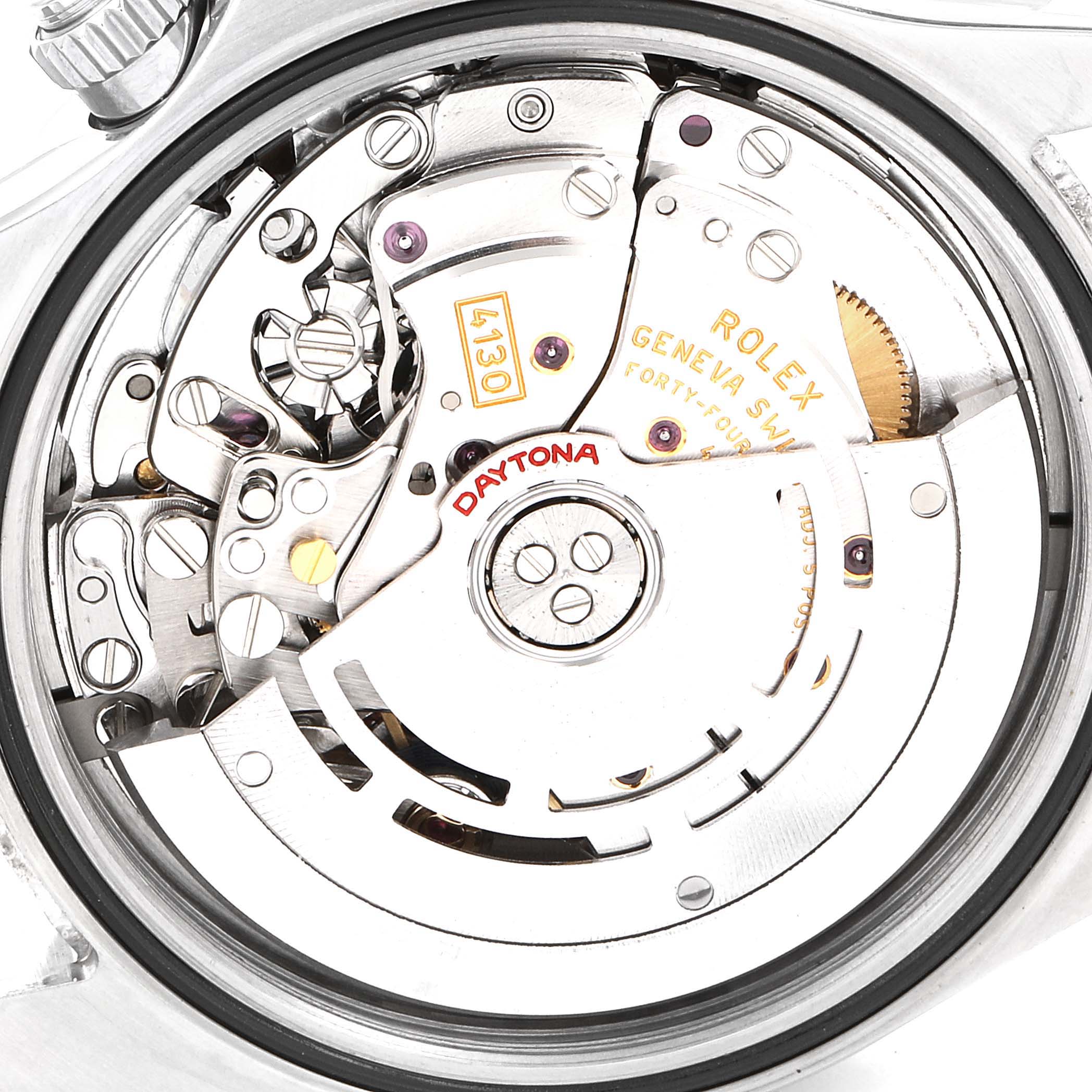 This image shows the exposed internal mechanism of the Rolex Daytona 116520 Men's Stainless Steel White Dial 116520 Men's Stainless Steel White Dial watch, focusing on the movement and rotor.