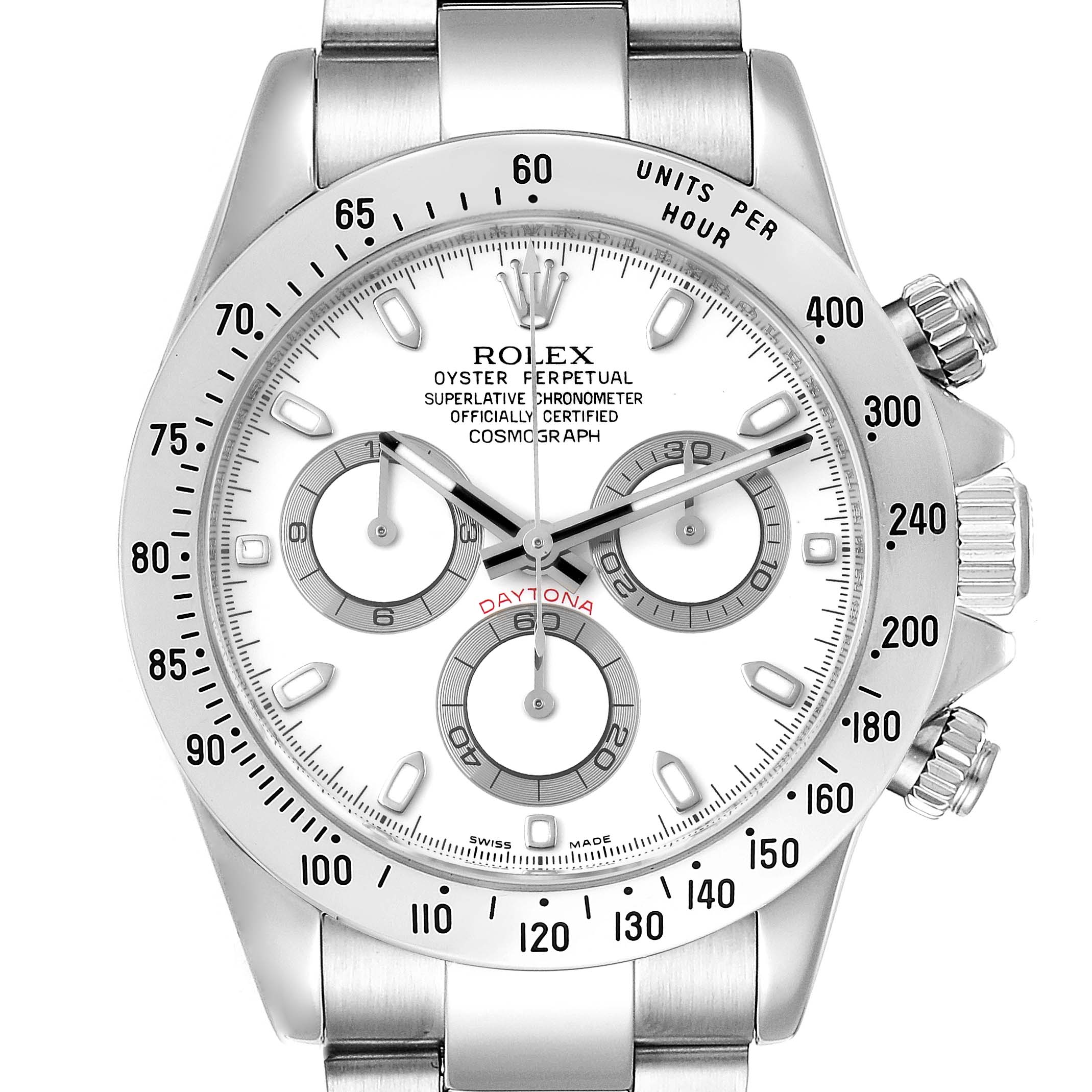 This image shows the Rolex Daytona 116520 Men's Stainless Steel White Dial 116520 Men's Stainless Steel White Dial watch face and bracelet from a front angle.