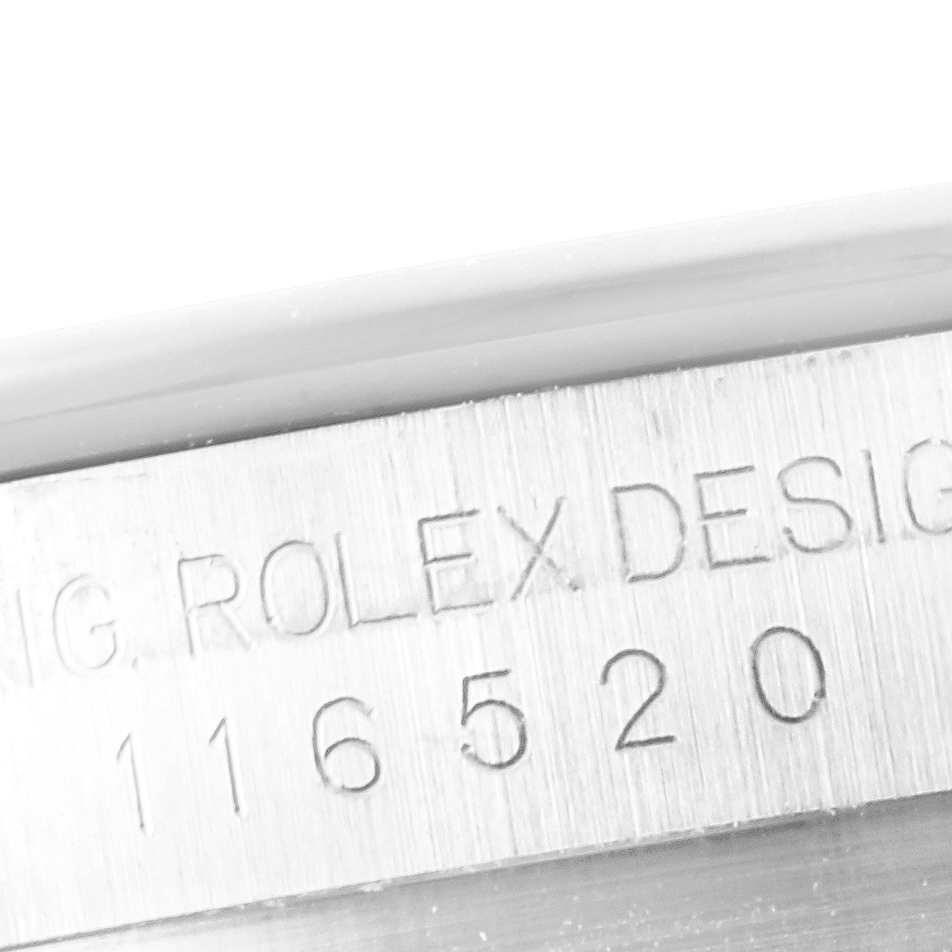 This image shows a close-up of the case side engraving on a Rolex Daytona 116520 Men's Stainless Steel White Dial 116520 Men's Stainless Steel White Dial watch, featuring the model number 116520.