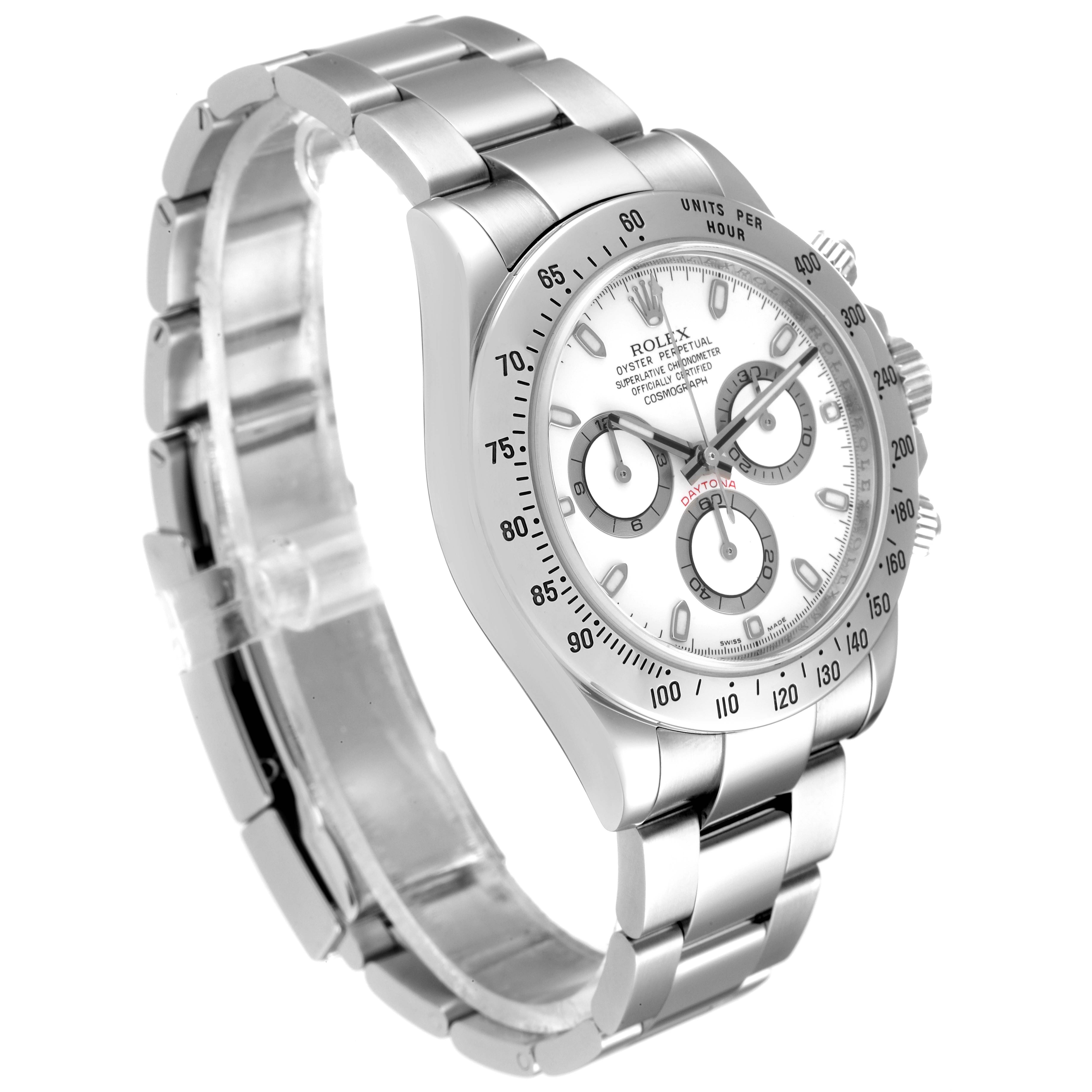 This image shows a side angle of a Rolex Daytona 116520 Men's Stainless Steel White Dial 116520 Men's Stainless Steel White Dial watch, highlighting its dial, bezel, and bracelet.