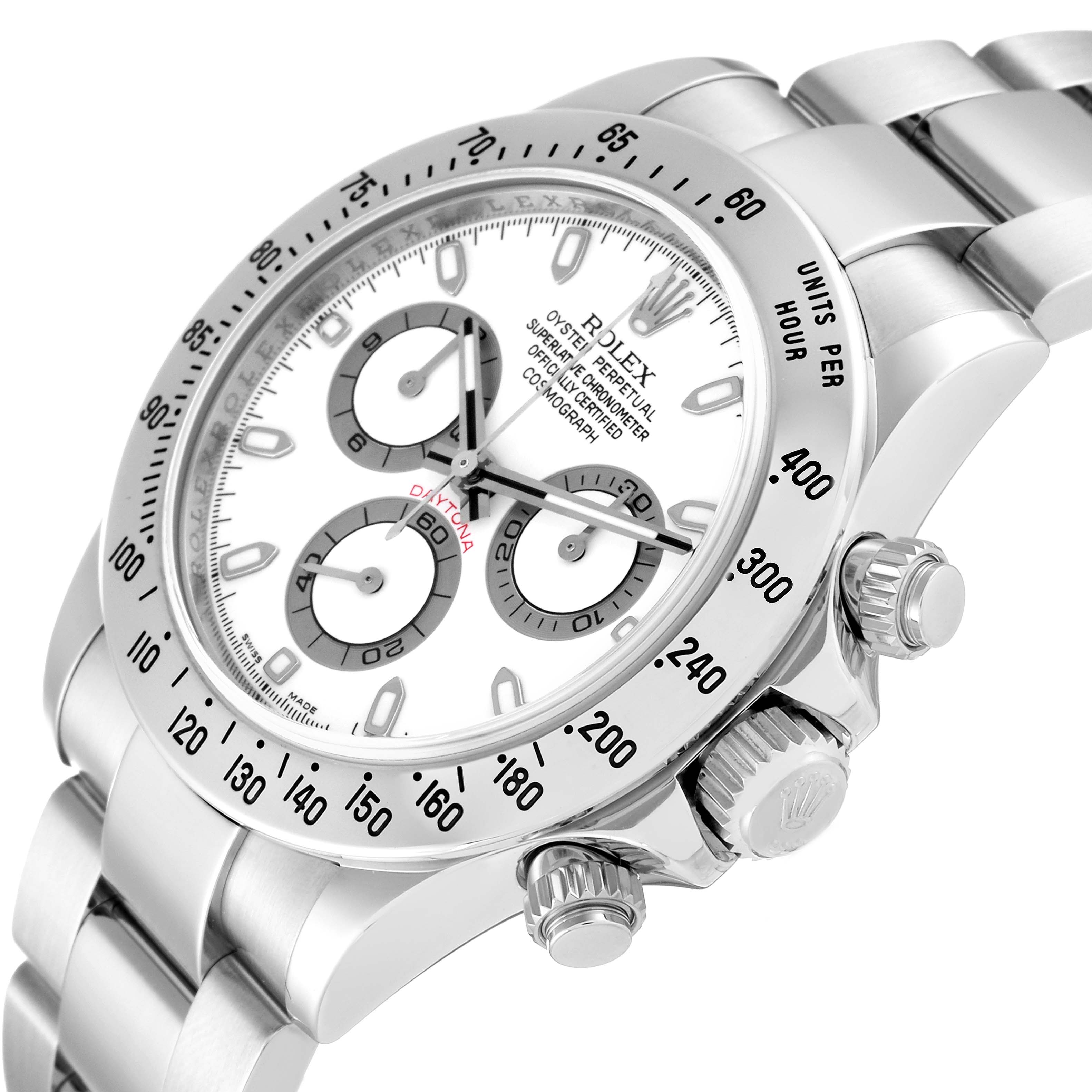 The image shows the Rolex Daytona 116520 Men's Stainless Steel White Dial 116520 Men's Stainless Steel White Dial watch at a three-quarter angle, highlighting its dial, bezel, pushers, and crown.