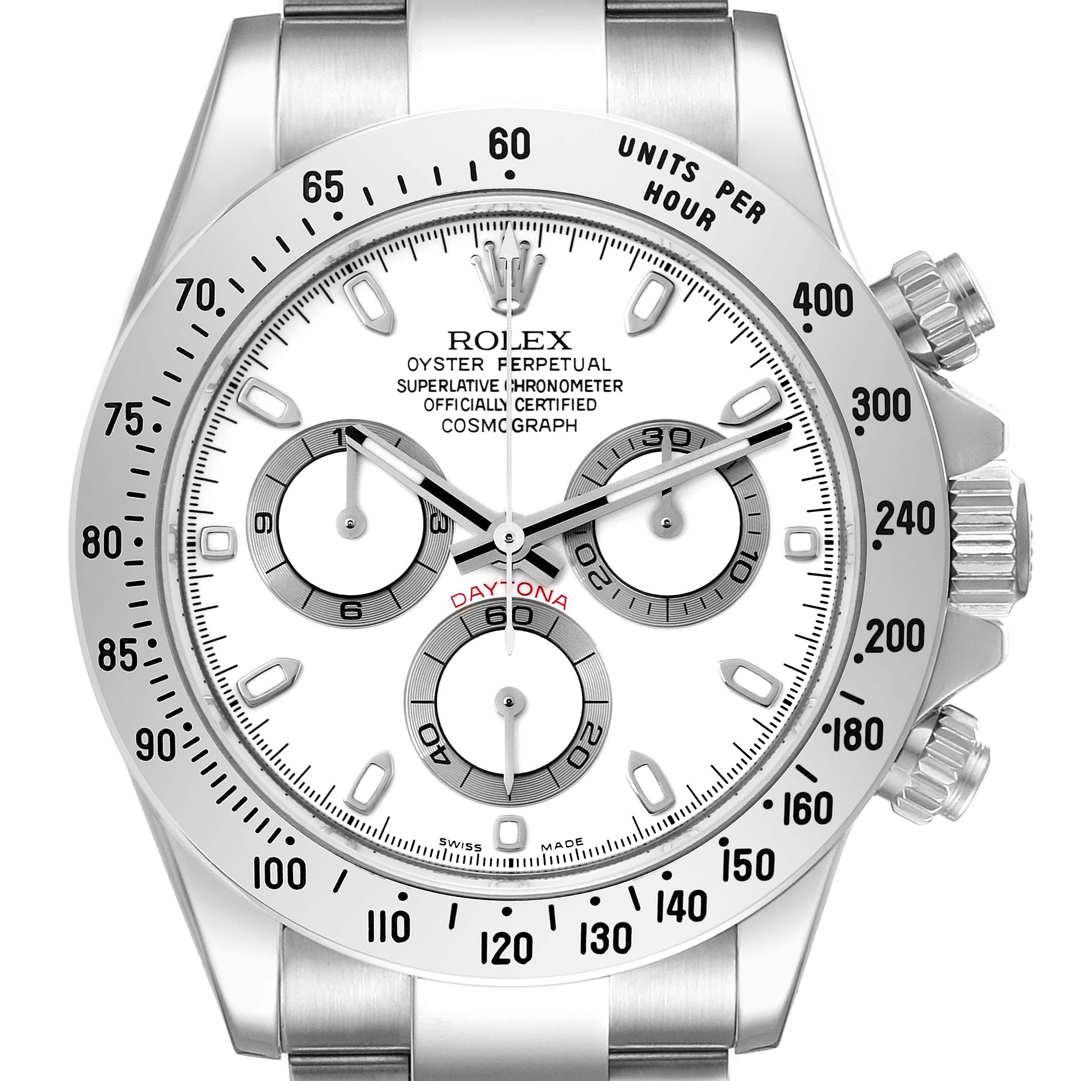The image shows a front view of a Rolex Daytona 116520 Men's Stainless Steel White Dial 116520 Men's Stainless Steel White Dial watch, highlighting its dial, bezel, and chronograph subdials.
