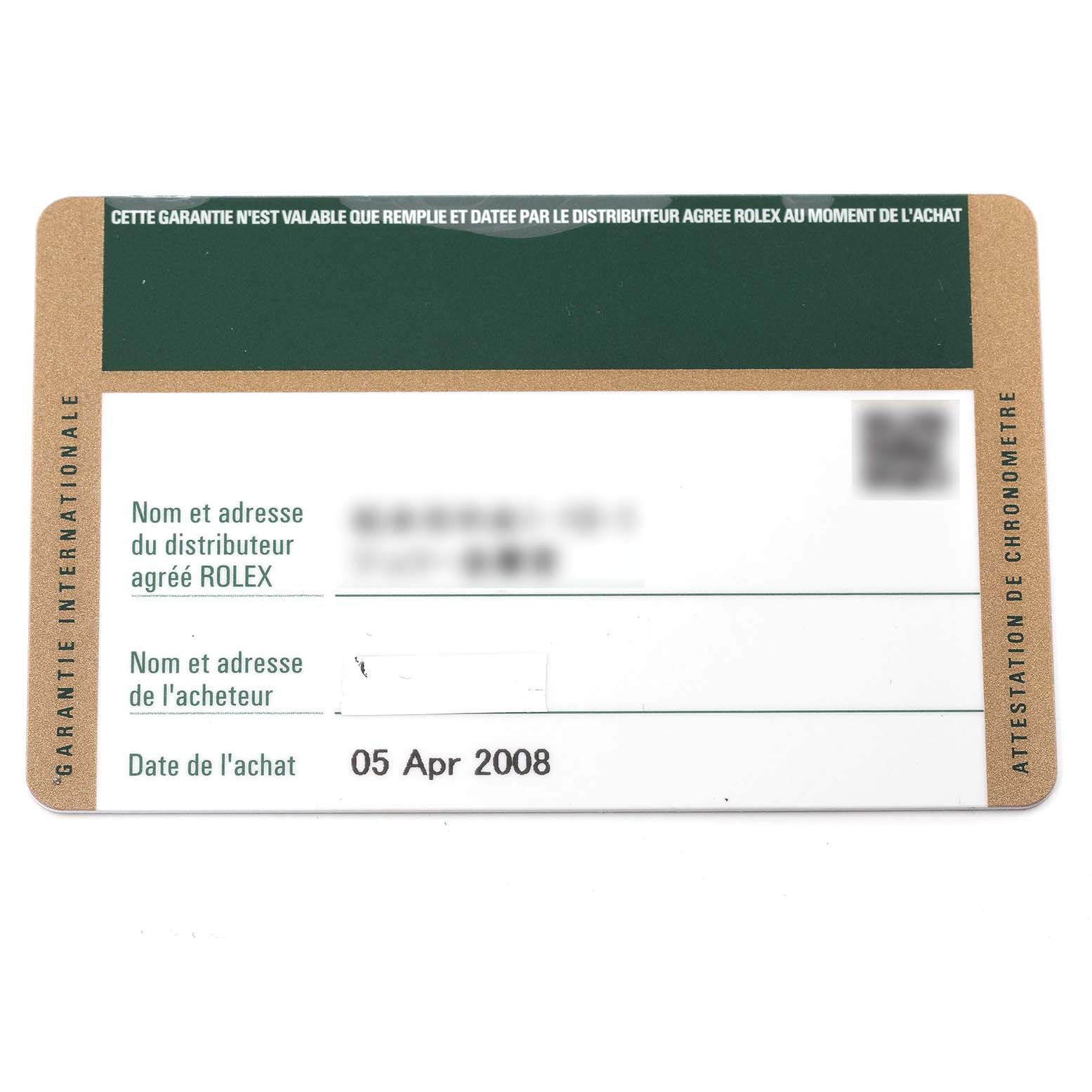 This image shows the warranty card for a Rolex Daytona 116520 Men's Stainless Steel White Dial 116520 Men's Stainless Steel White Dial watch, dated 05 Apr 2008.