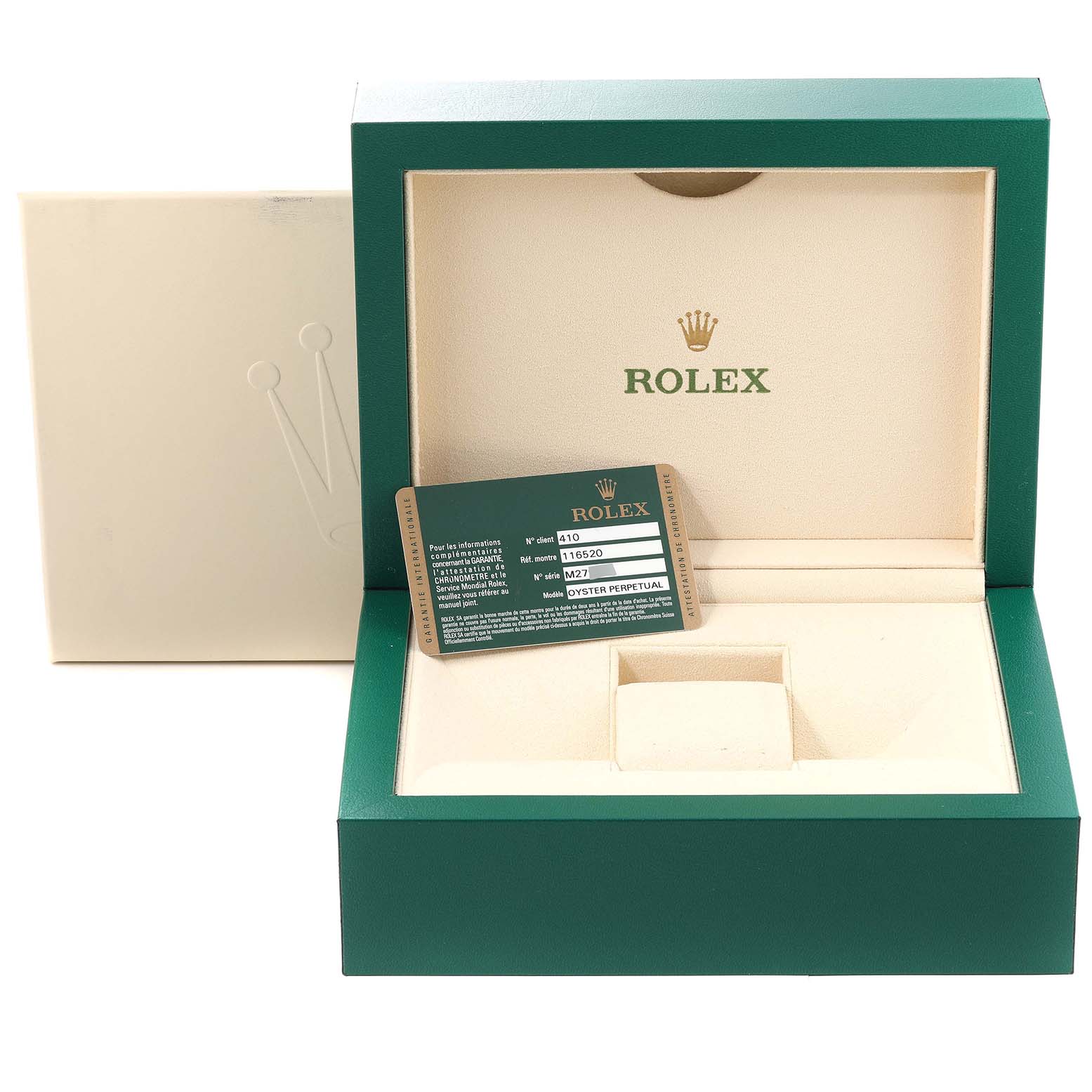 The image displays the open box for a Rolex Daytona 116520 Men's Stainless Steel White Dial 116520 Men's Stainless Steel White Dial watch, featuring a warranty card and cushioned compartments for the watch.