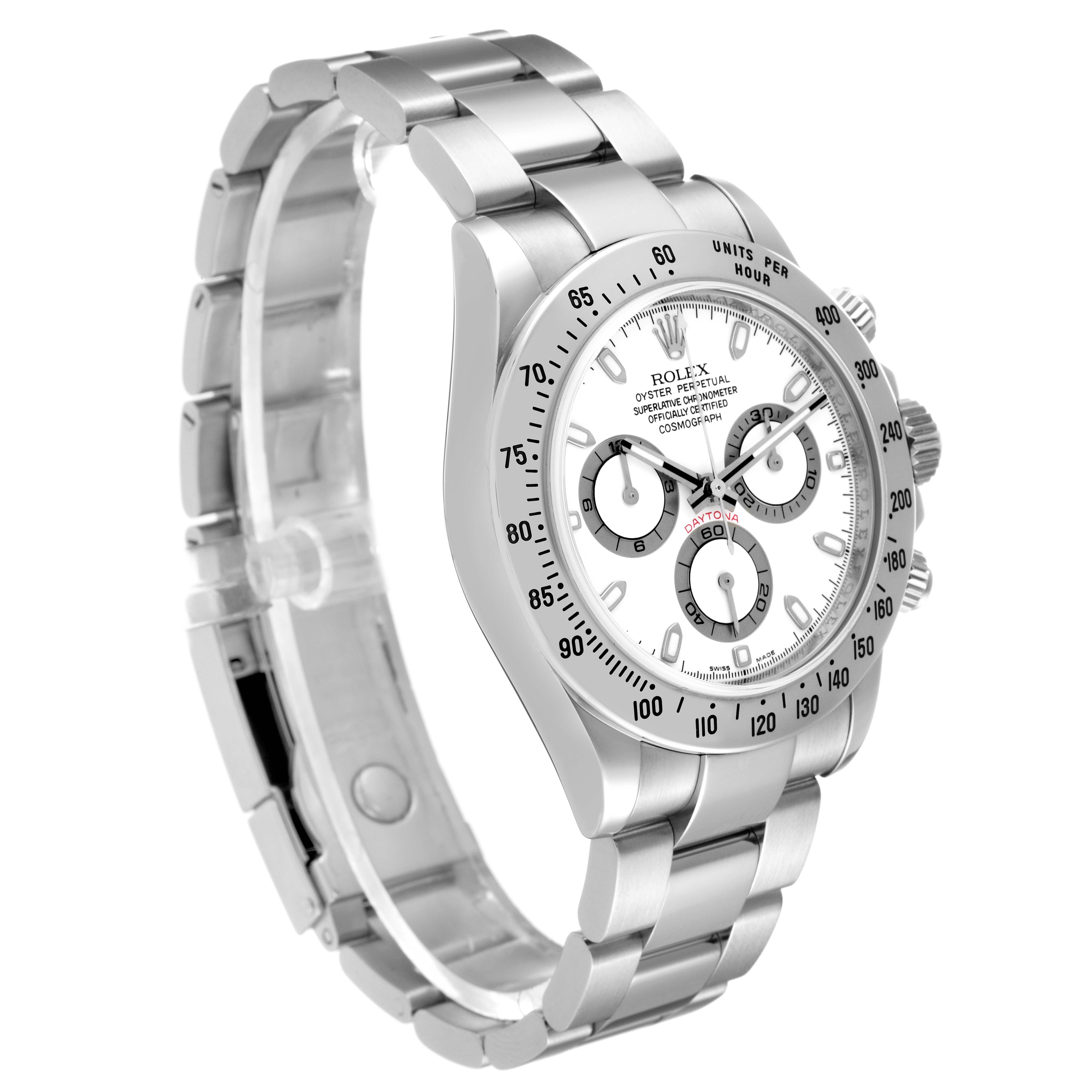 The Rolex Daytona 116520 Men's Stainless Steel White Dial 116520 Men's Stainless Steel White Dial watch is shown at a three-quarter angle, highlighting its metal bracelet, bezel, dial, and subdials.