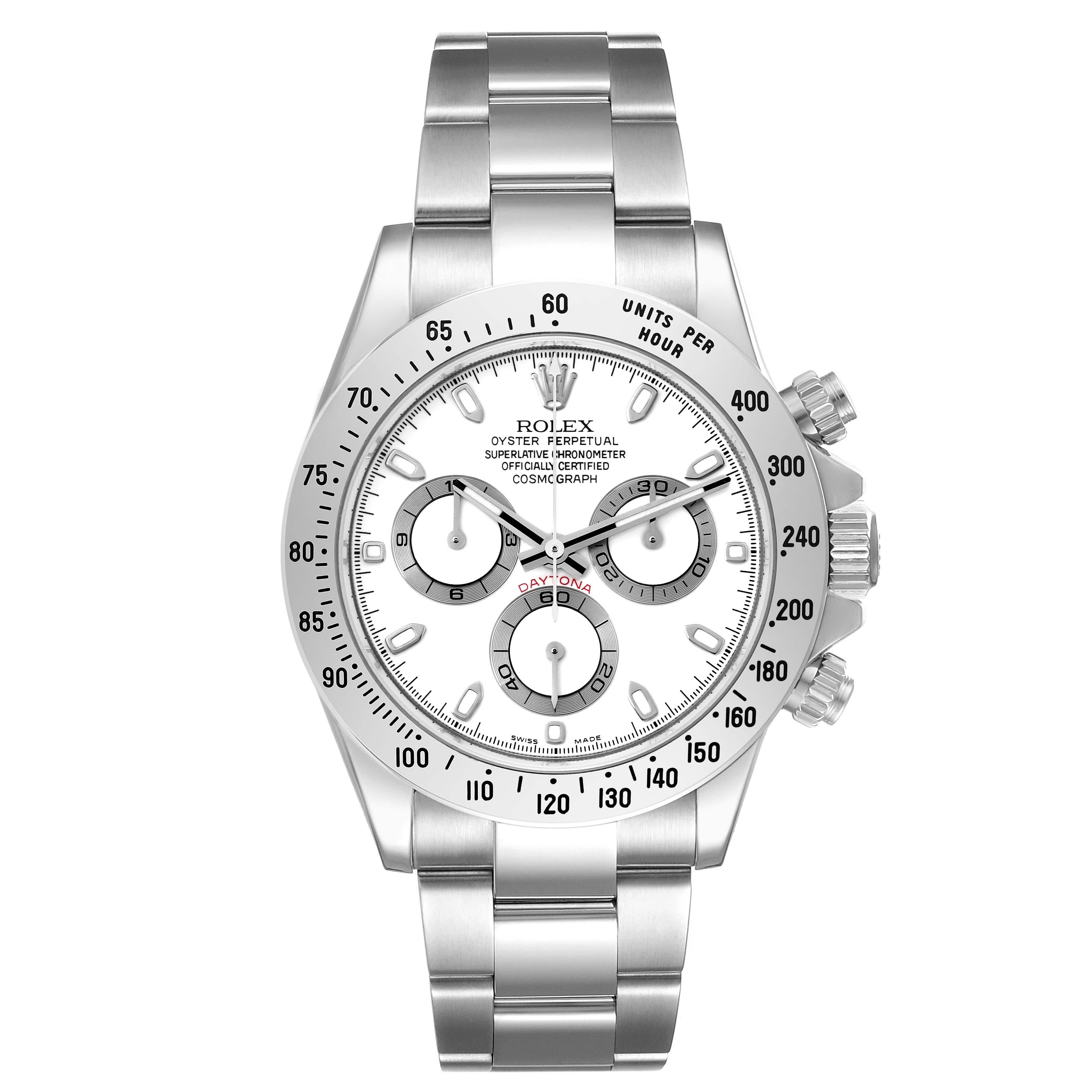 This image shows a front view of the Rolex Daytona 116520 Men's Stainless Steel White Dial 116520 Men's Stainless Steel White Dial, featuring its dial, bezel, pushers, and metal bracelet.