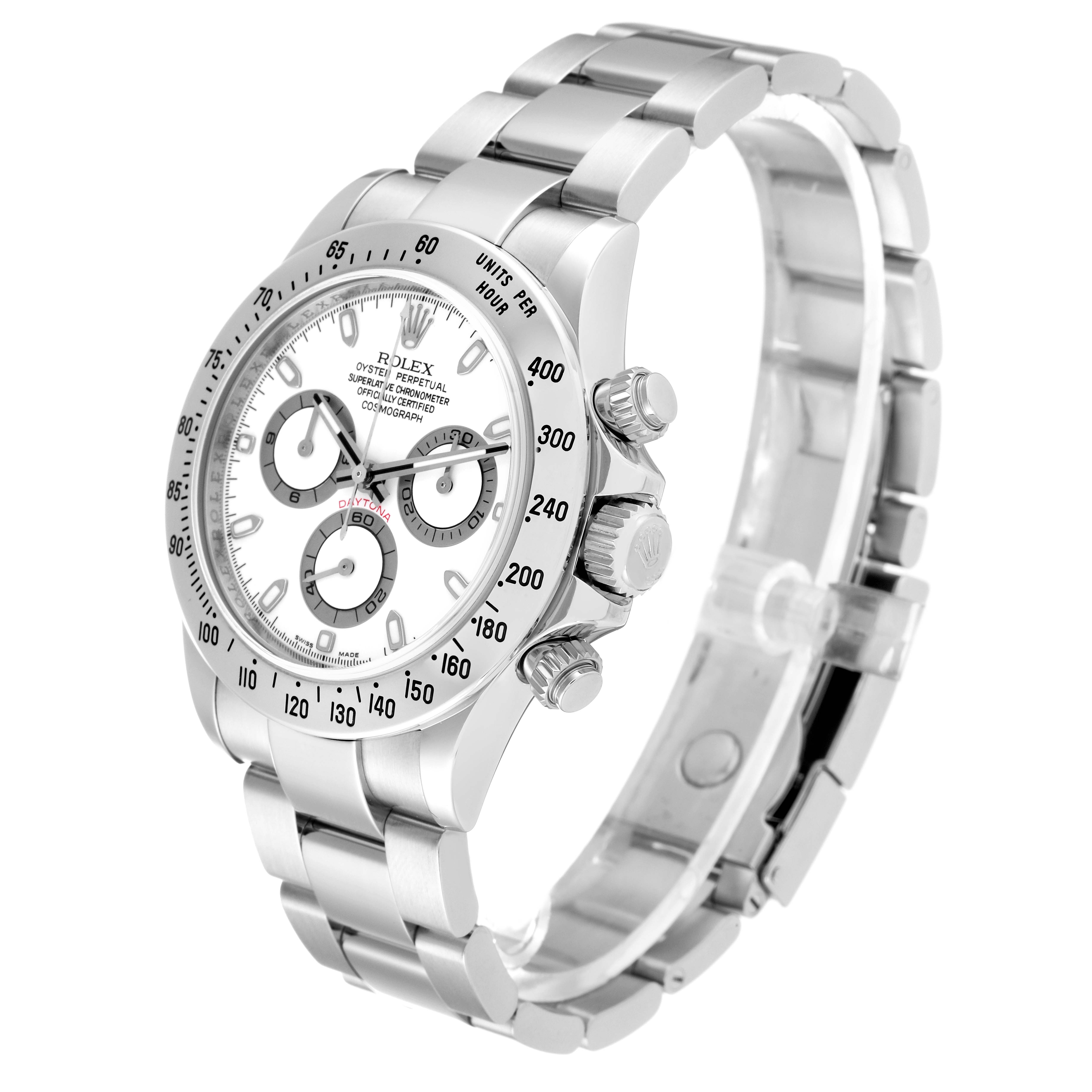 This image shows a side-angle view of the Rolex Daytona 116520 Men's Stainless Steel White Dial 116520 Men's Stainless Steel White Dial watch, highlighting its face, bezel, pushers, and bracelet.
