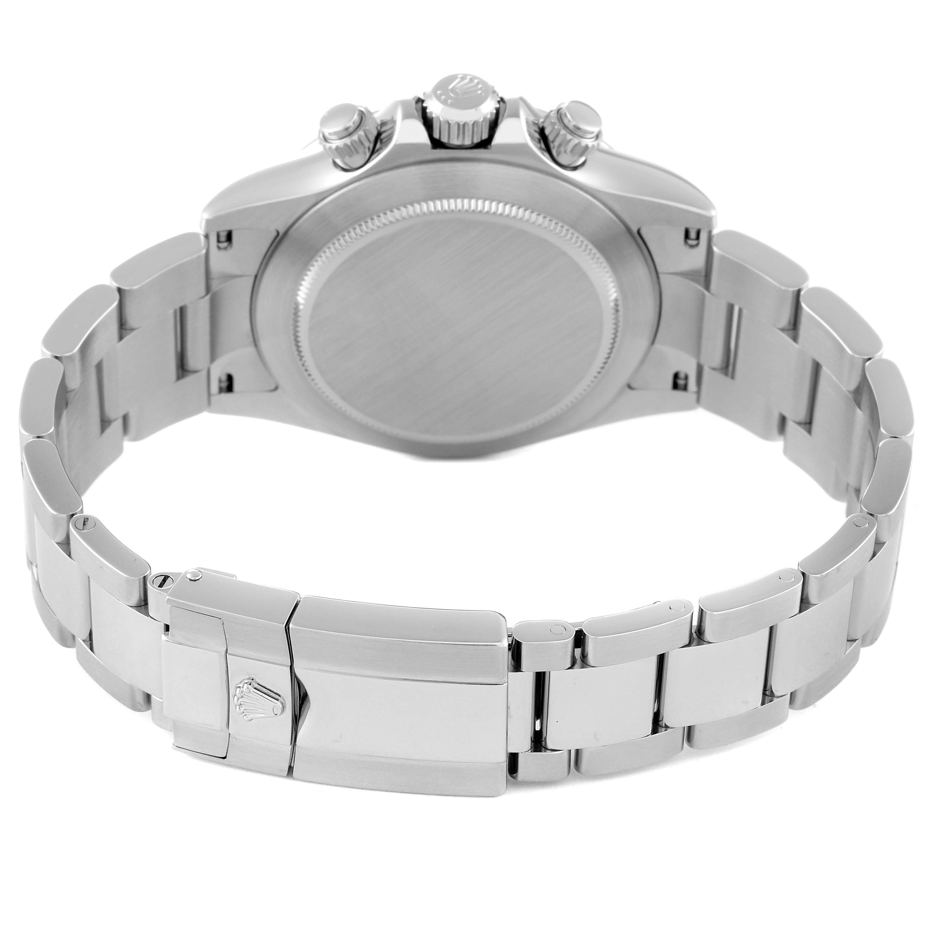 This image shows the back case and bracelet of a Rolex Daytona 116520 Men's Stainless Steel White Dial 116520 Men's Stainless Steel White Dial watch from a rear angle.