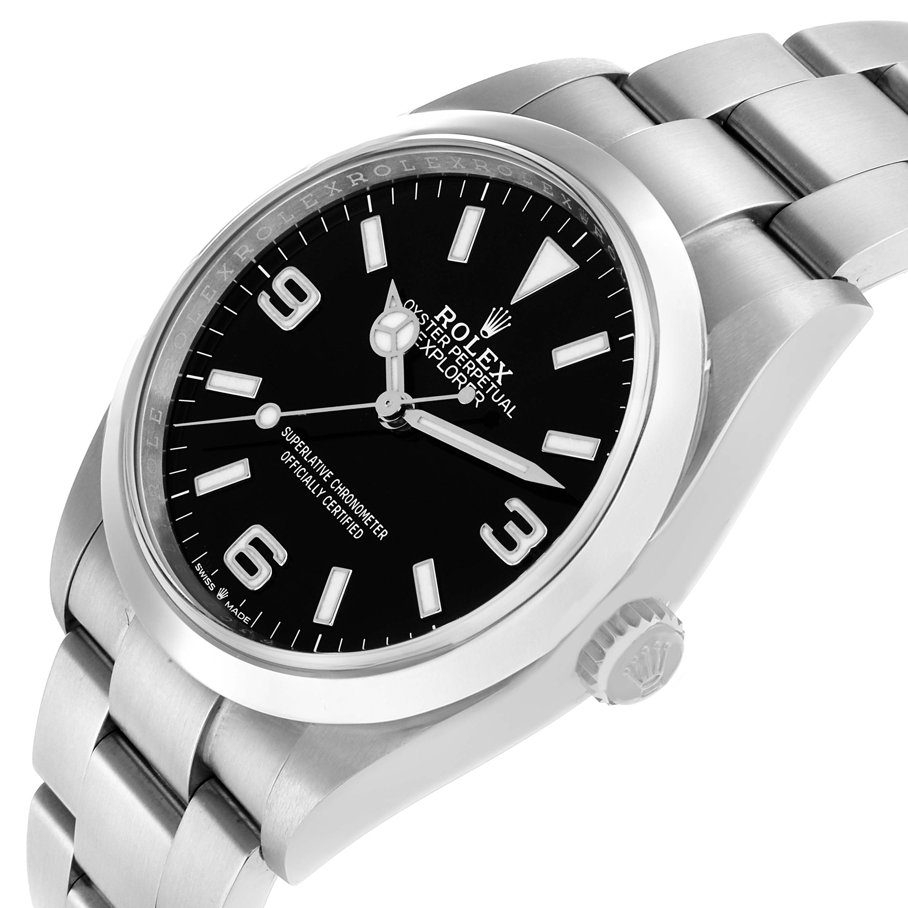 The Rolex Explorer 124270 Men
s Stainless Steel Black Dial watch is shown at a three-quarter angle displaying the face, bezel, crown, and bracelet.