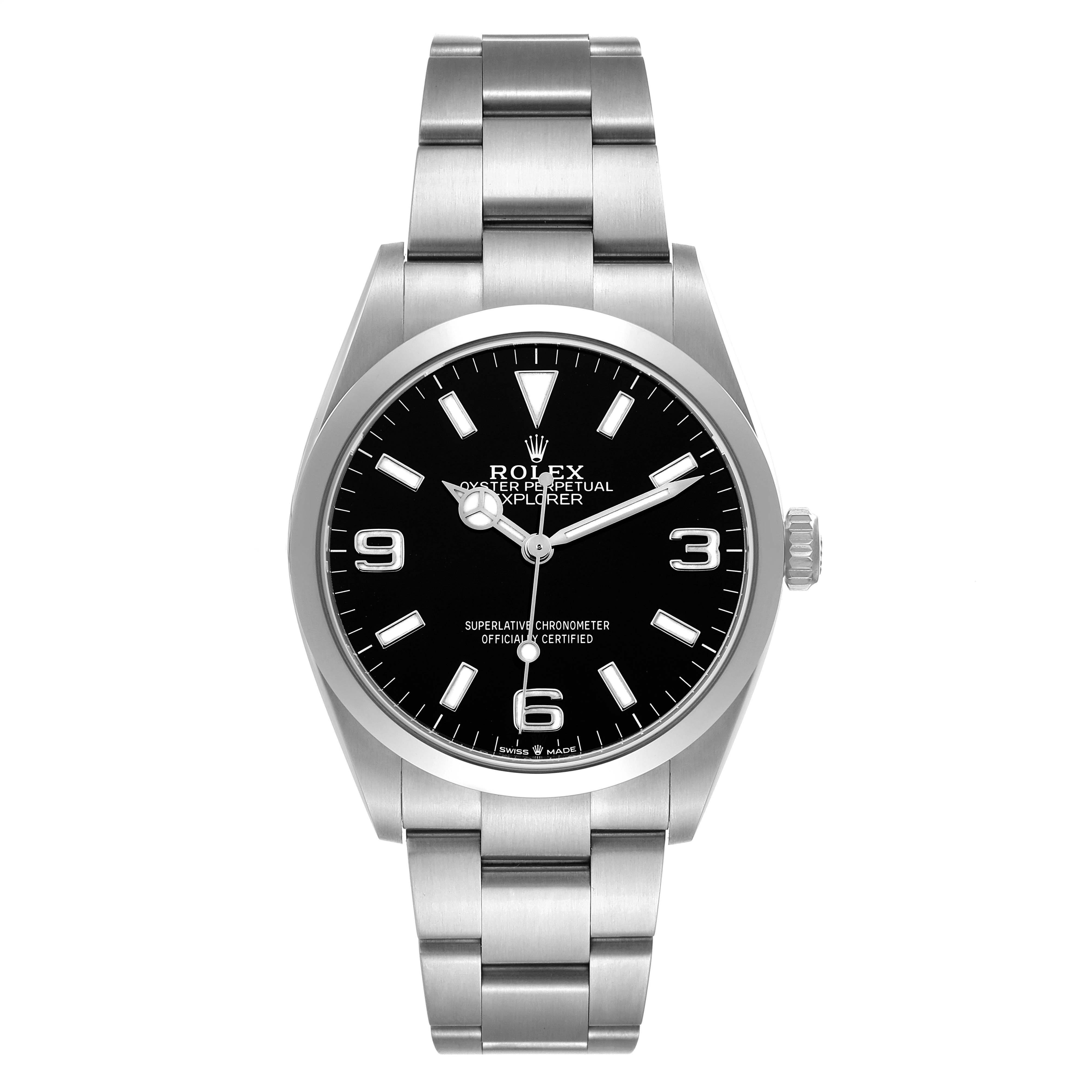 The Rolex Explorer 124270 Men
s Stainless Steel Black Dial watch is shown from a front angle, highlighting the dial, case, bezel, and bracelet.