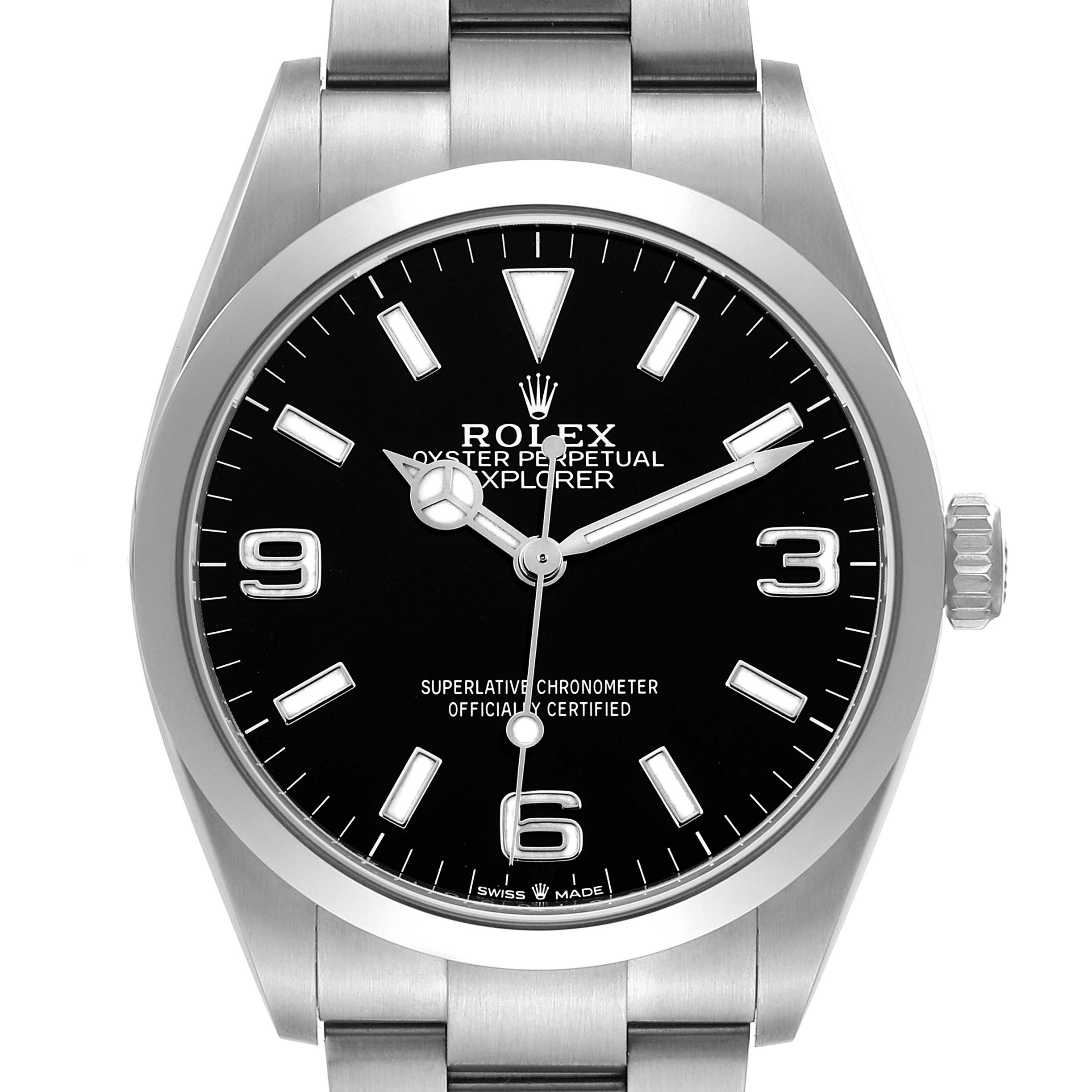 The Rolex Explorer 124270 Men
s Stainless Steel Black Dial watch is shown from the front, displaying its dial, hands, crown, and part of the bracelet.