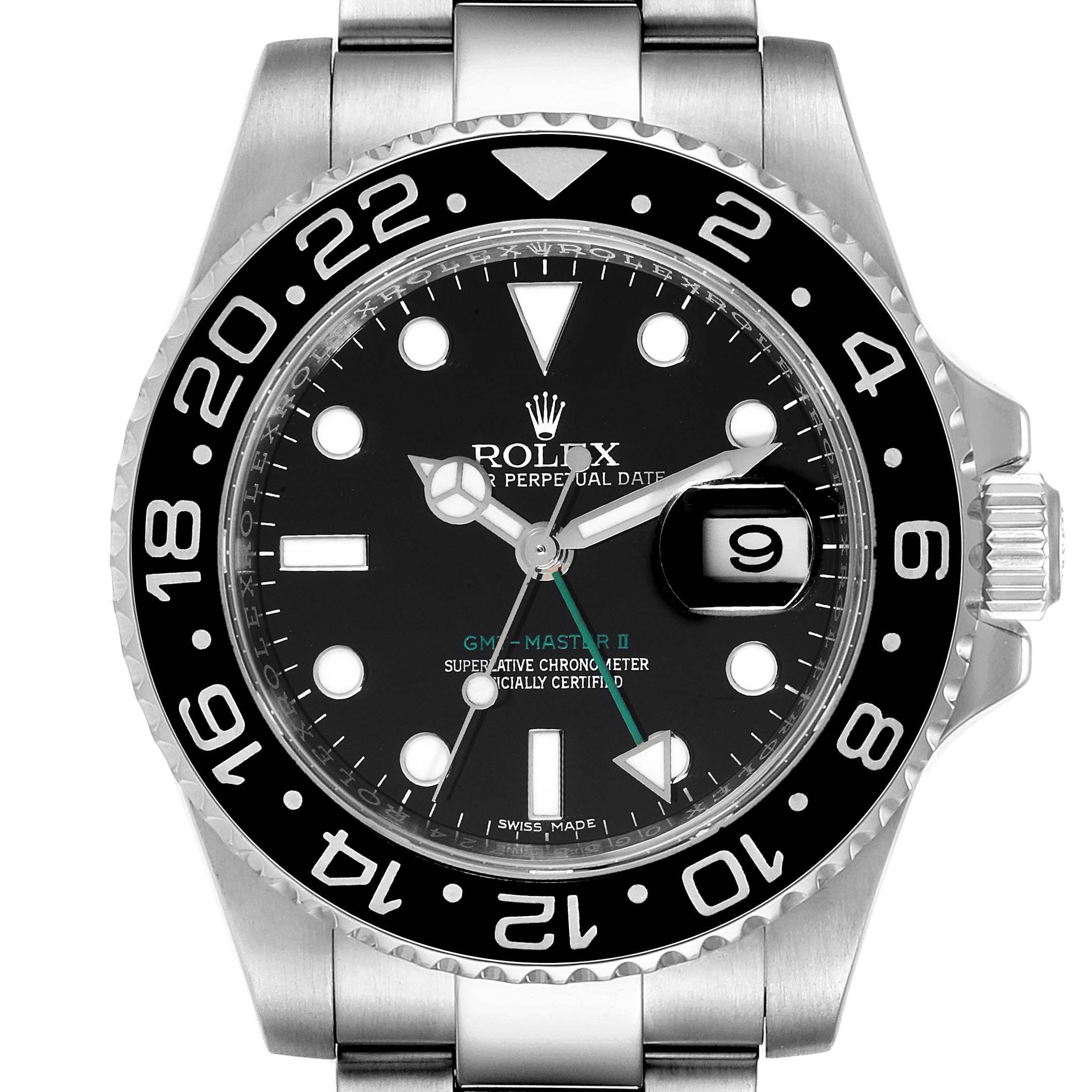 This image shows a Rolex GMT-Master 116710 Men
s Stainless Steel Black Dial 116710 Men
s Stainless Steel Black Dial II watch from the front, highlighting the face, bezel, and bracelet.