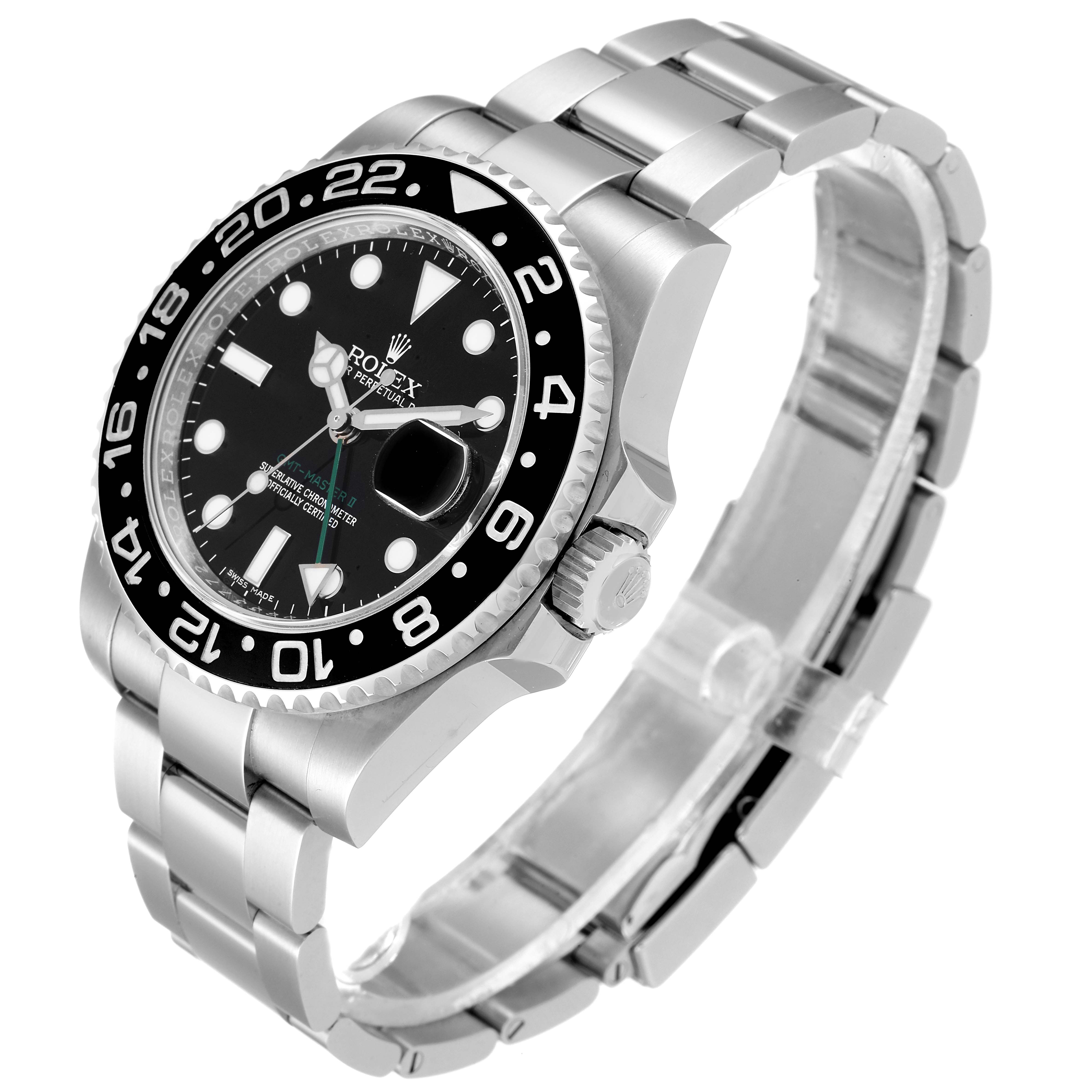 The image shows a side angle of a Rolex GMT-Master 116710 Men
s Stainless Steel Black Dial 116710 Men
s Stainless Steel Black Dial watch, highlighting its bezel, dial, and bracelet.