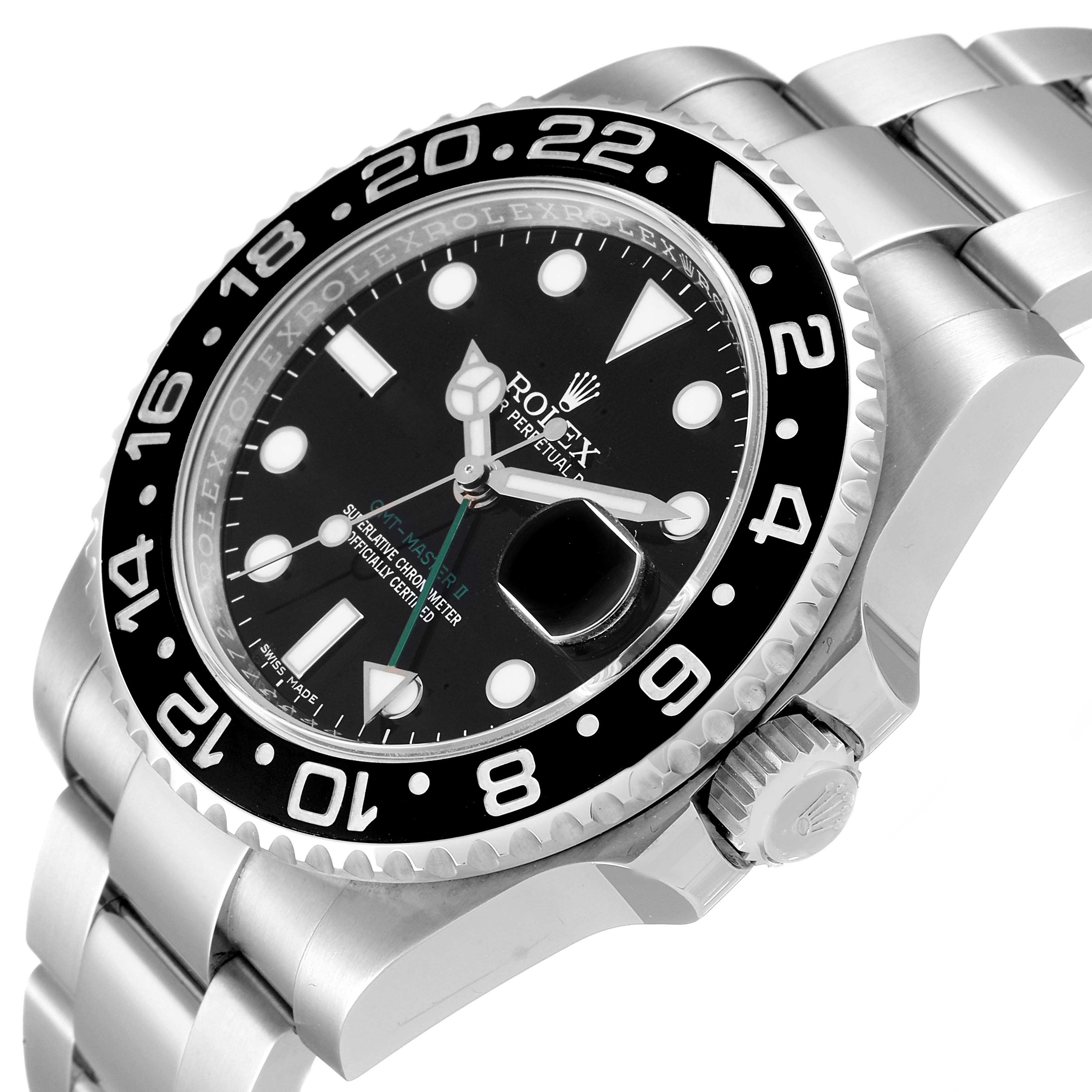The image shows a Rolex GMT-Master 116710 Men
s Stainless Steel Black Dial 116710 Men
s Stainless Steel Black Dial watch at an oblique angle, highlighting the dial, bezel, and bracelet.