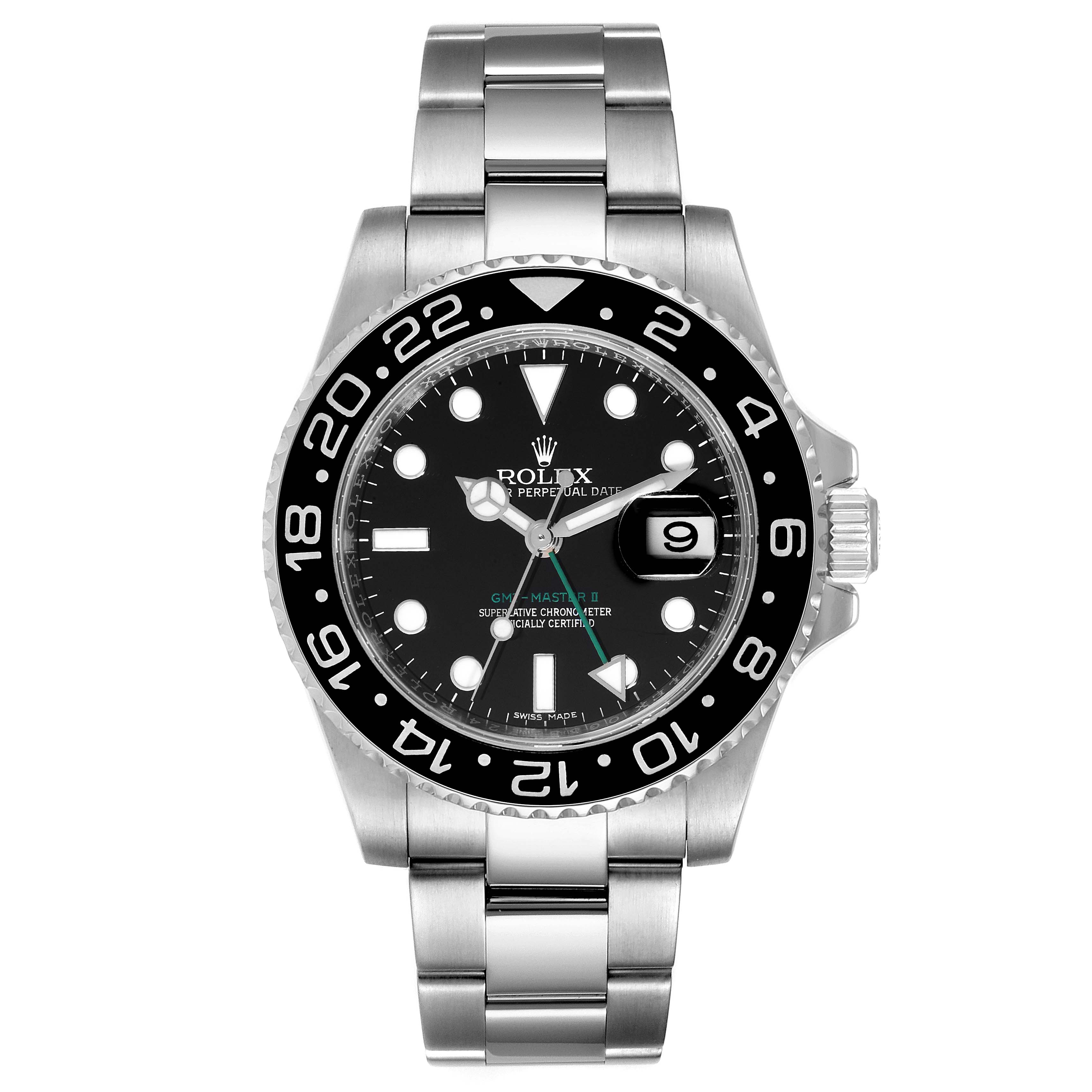 The image shows a front view of a Rolex GMT-Master 116710 Men
s Stainless Steel Black Dial 116710 Men
s Stainless Steel Black Dial model, highlighting its bezel, dial, and bracelet.