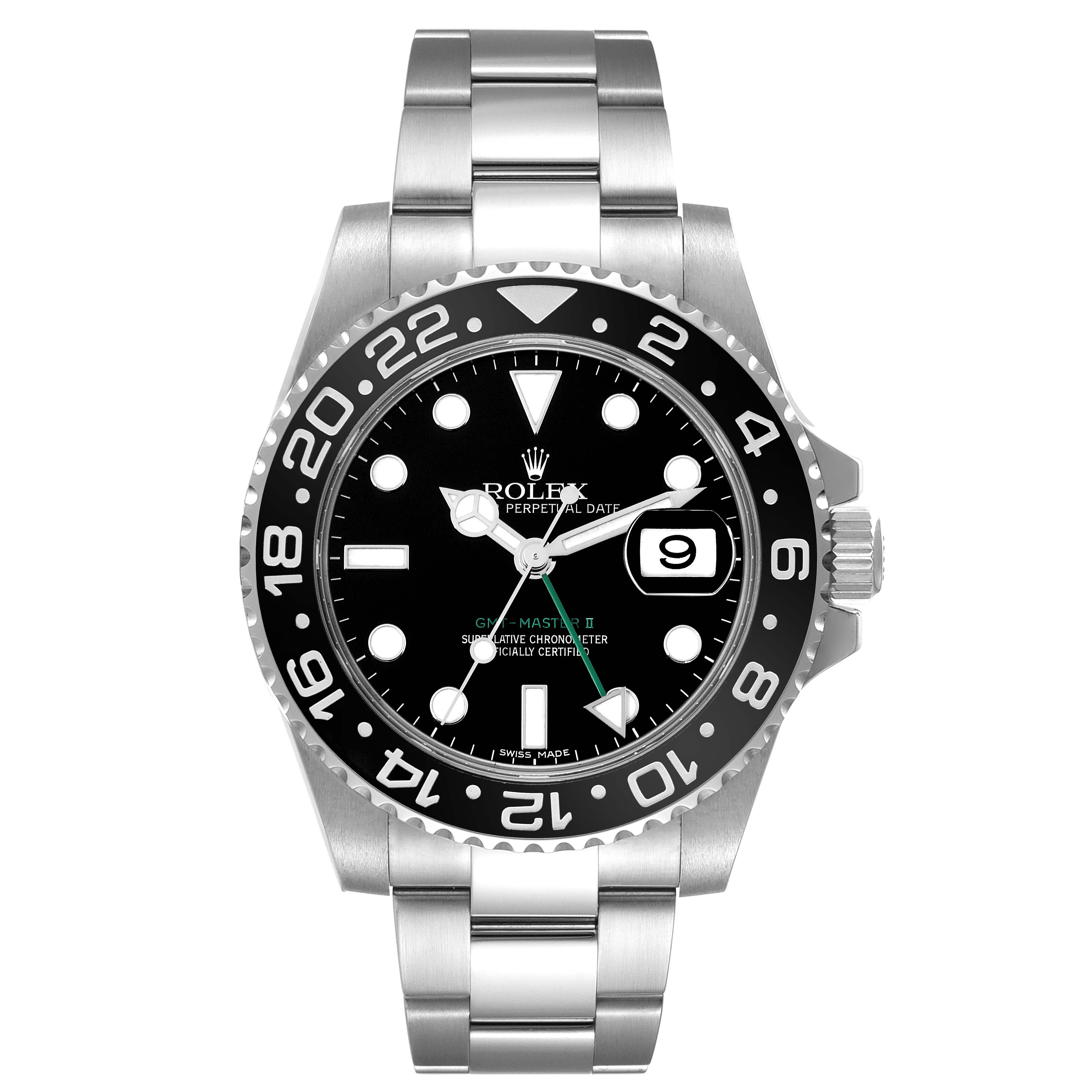 This image shows a front view of a Rolex GMT-Master 116710 Men
s Stainless Steel Black Dial 116710 Men
s Stainless Steel Black Dial watch, highlighting its black dial, date display, and bezel.