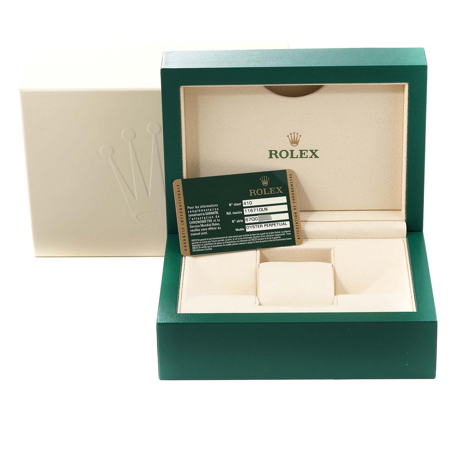 The image shows a Rolex GMT-Master 116710 Men
s Stainless Steel Black Dial 116710 Men
s Stainless Steel Black Dial watch box, warranty card, and packaging from a front angle.