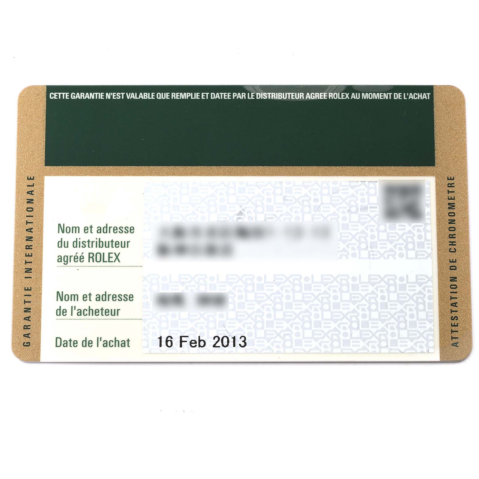 This is the warranty card for a Rolex GMT-Master 116710 Men
s Stainless Steel Black Dial 116710 Men
s Stainless Steel Black Dial watch, showing purchase details and dealer information.