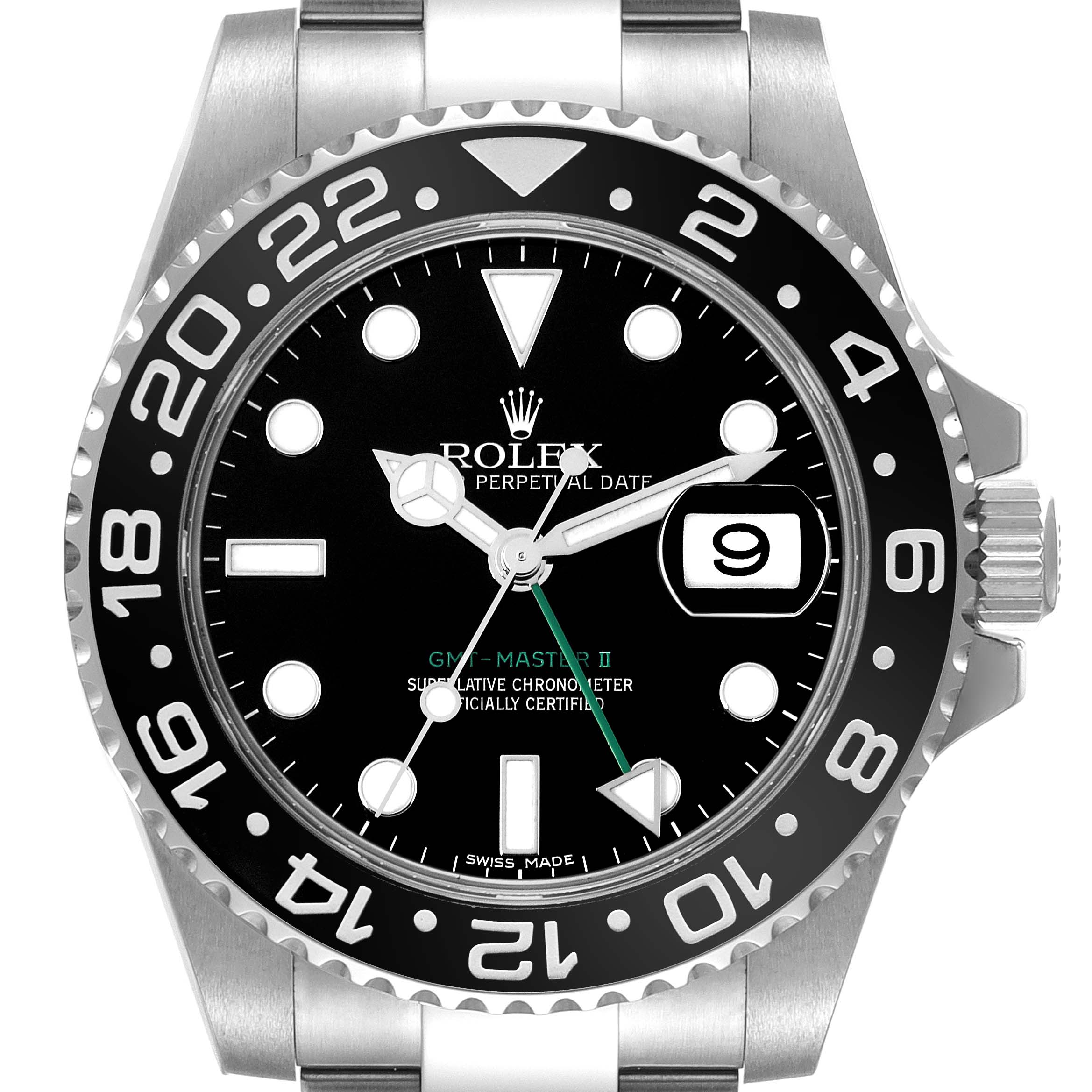 This close-up shows the face, bezel, and crown of the Rolex GMT-Master 116710 Men
s Stainless Steel Black Dial 116710 Men
s Stainless Steel Black Dial II watch.