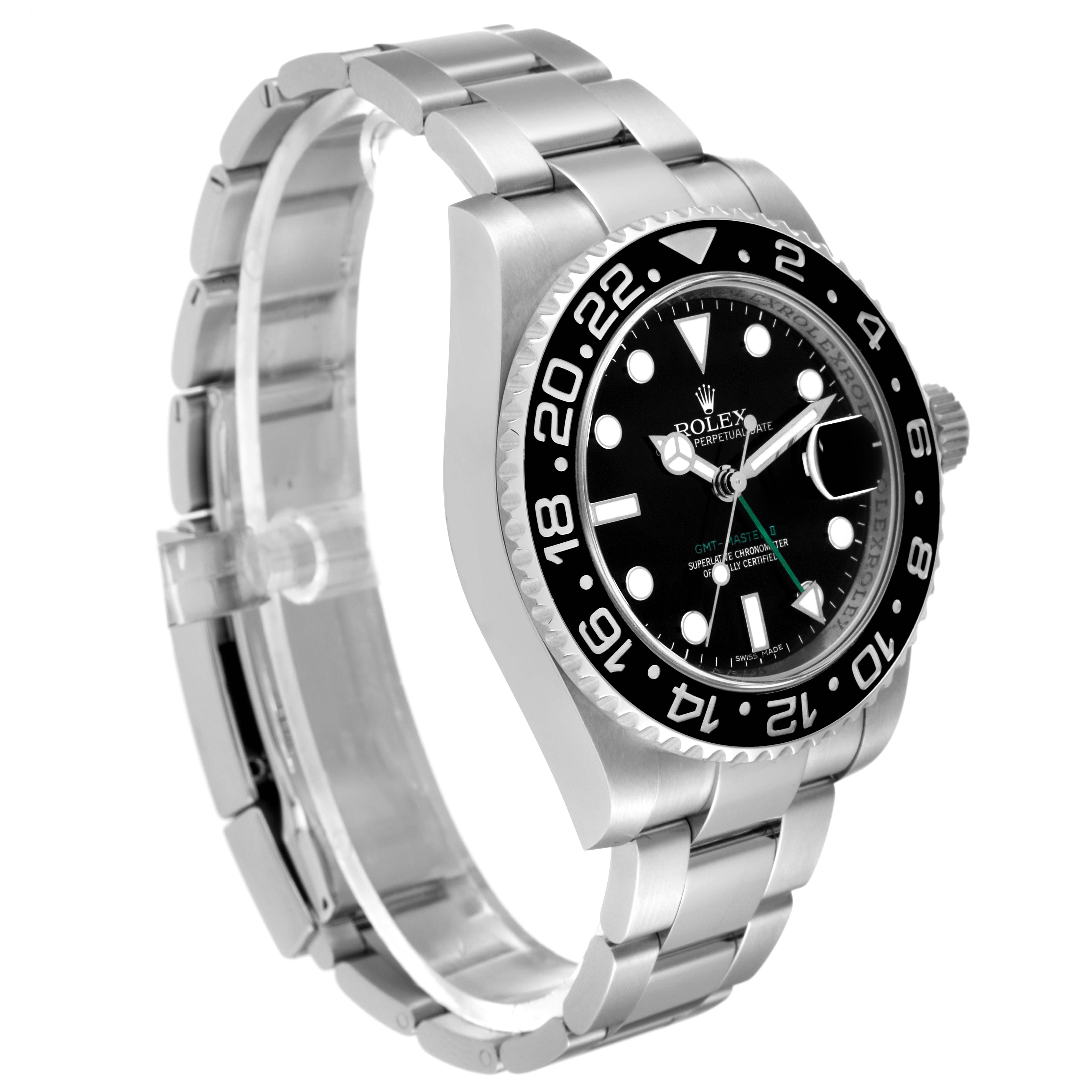 The image shows a Rolex GMT-Master 116710 Men
s Stainless Steel Black Dial 116710 Men
s Stainless Steel Black Dial watch from a three-quarter angle displaying the face, bezel, and part of the bracelet.
