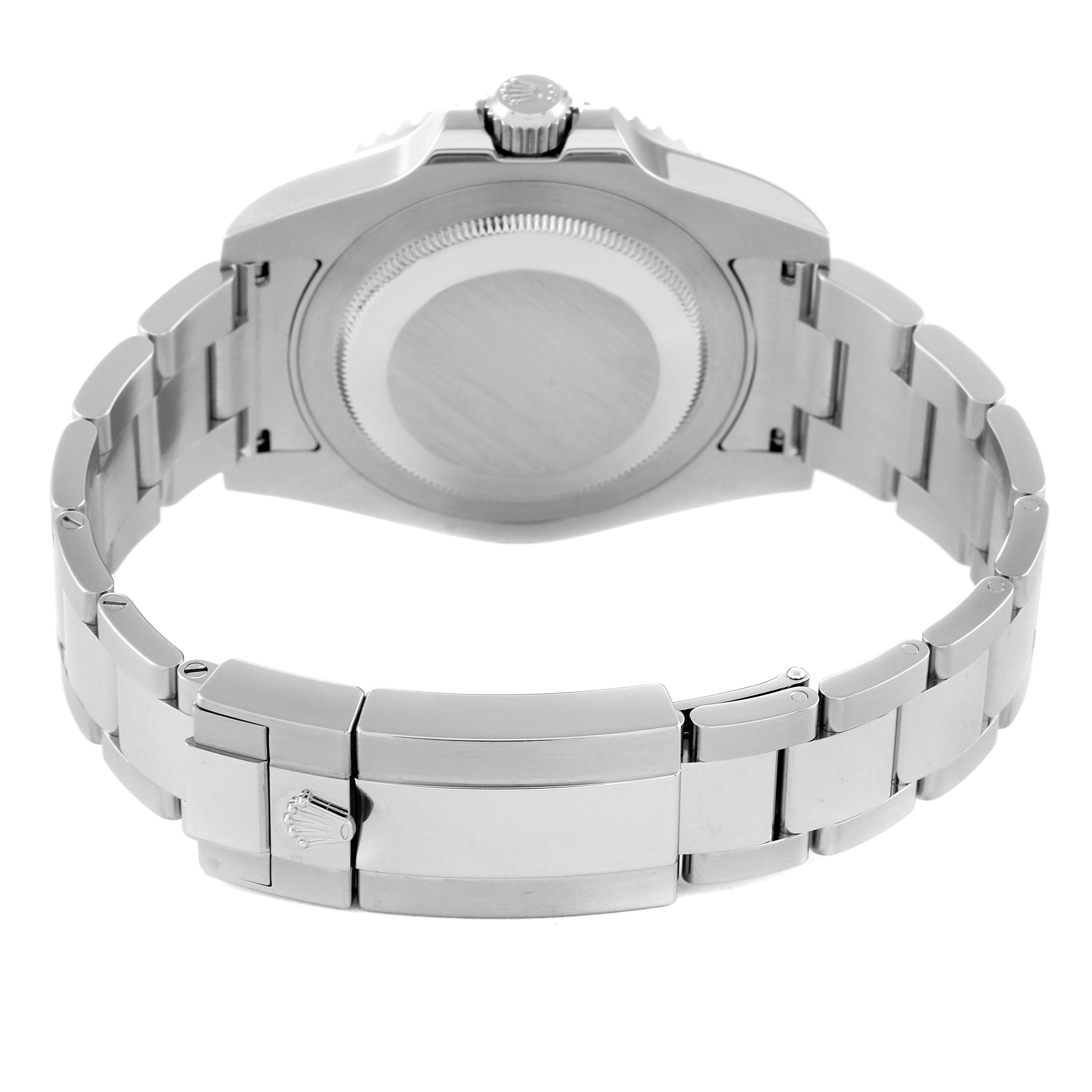 This image shows the back case and bracelet clasp of a Rolex GMT-Master 116710 Men
s Stainless Steel Black Dial 116710 Men
s Stainless Steel Black Dial model watch from a rear angle.