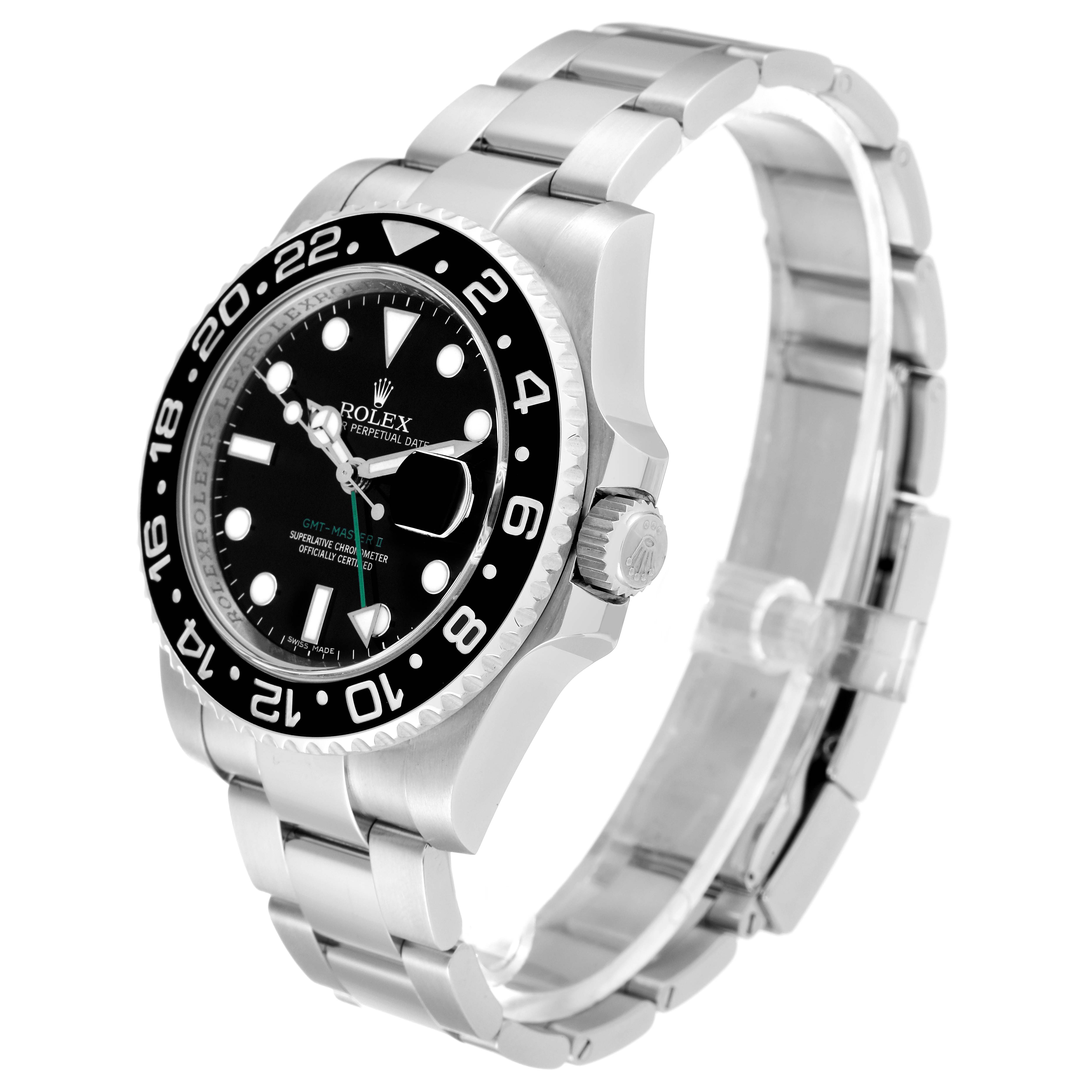 The image shows a side angle of the Rolex GMT-Master 116710 Men
s Stainless Steel Black Dial 116710 Men
s Stainless Steel Black Dial watch, highlighting the dial, bezel, crown, and bracelet.