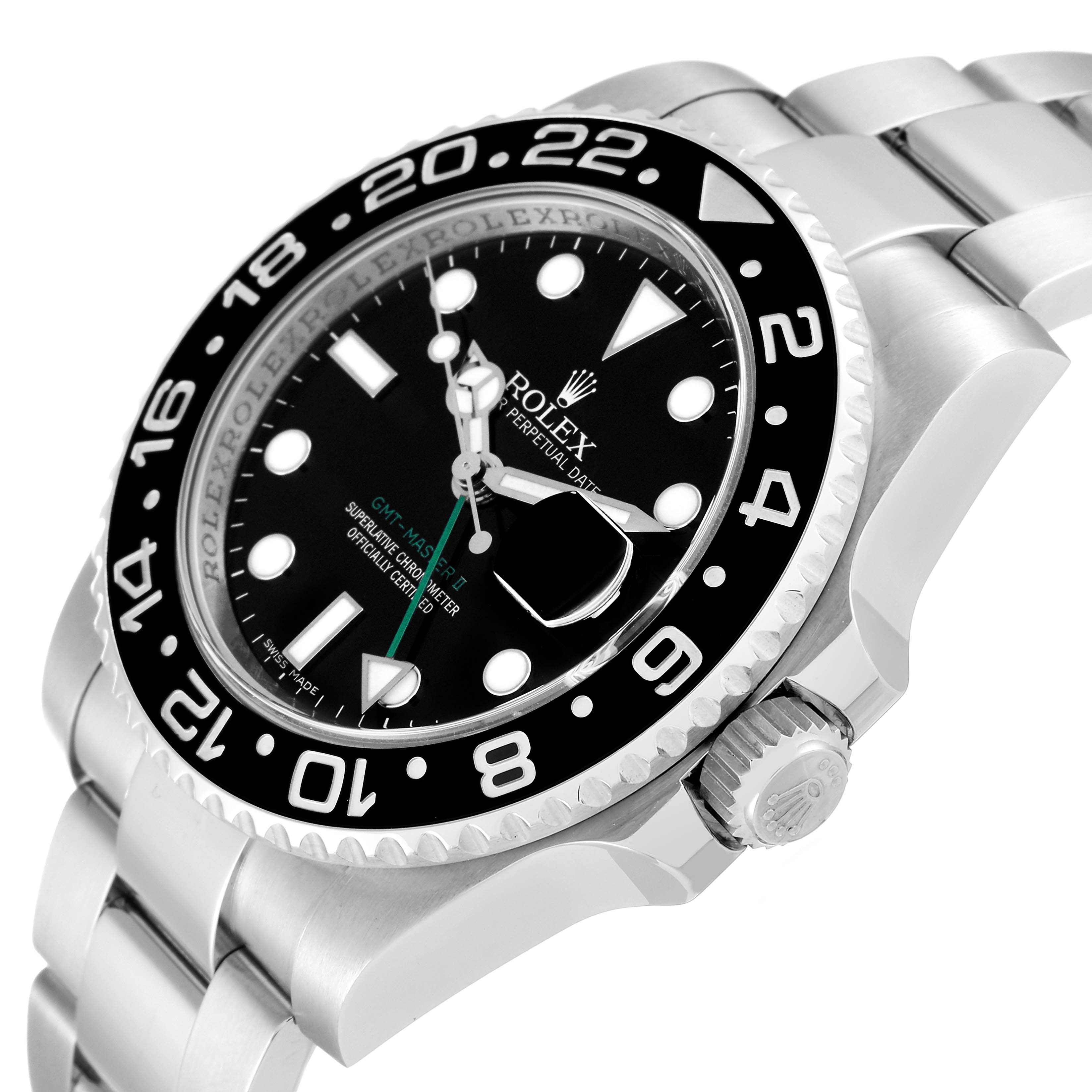 The Rolex GMT-Master 116710 Men
s Stainless Steel Black Dial 116710 Men
s Stainless Steel Black Dial watch is shown at a three-quarter angle, displaying its face, bezel, crown, and a portion of the bracelet.
