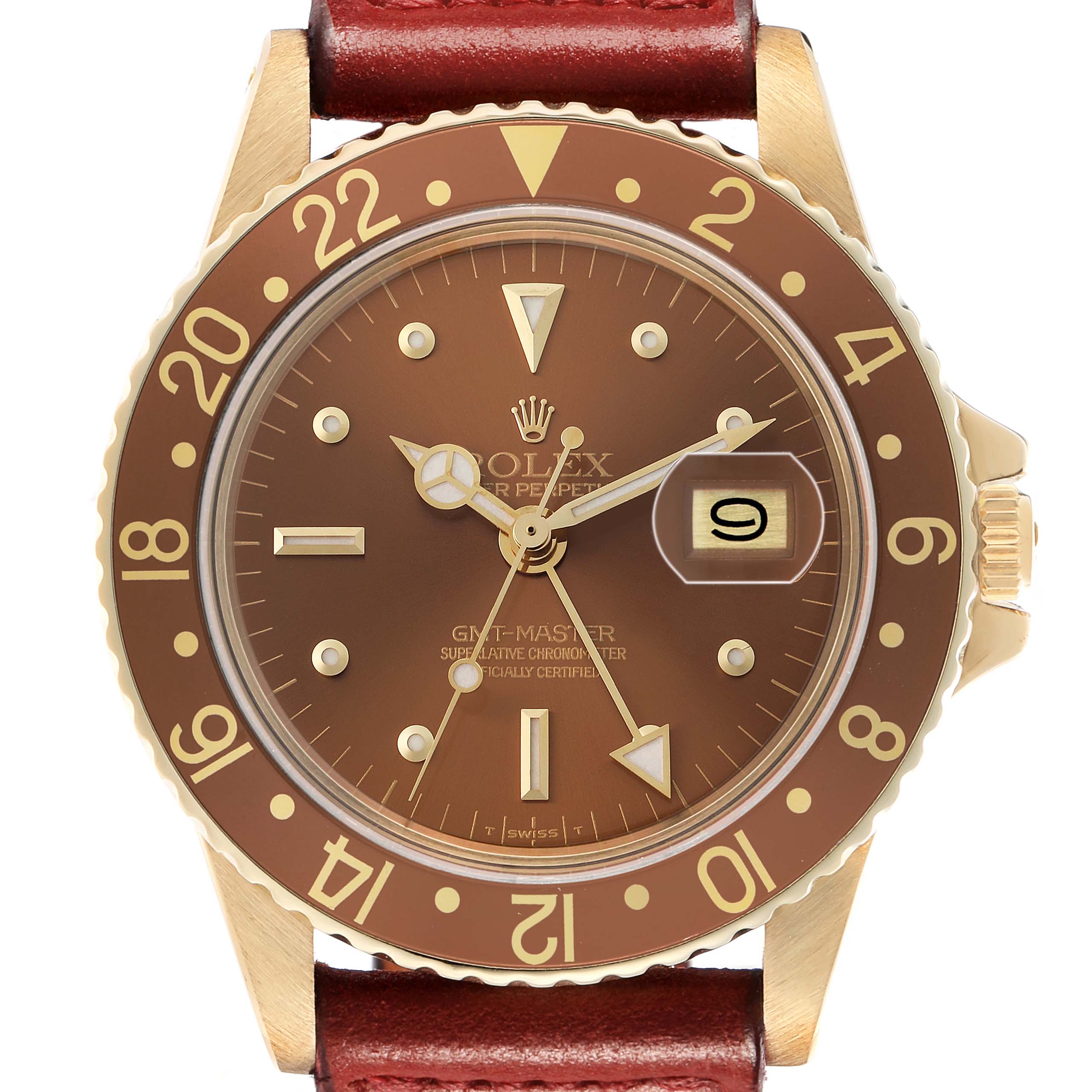 The Rolex GMT-Master 1675 Men
s Yellow Gold Brown Dial watch is shown from the front, displaying its bezel, dial, and part of the strap.