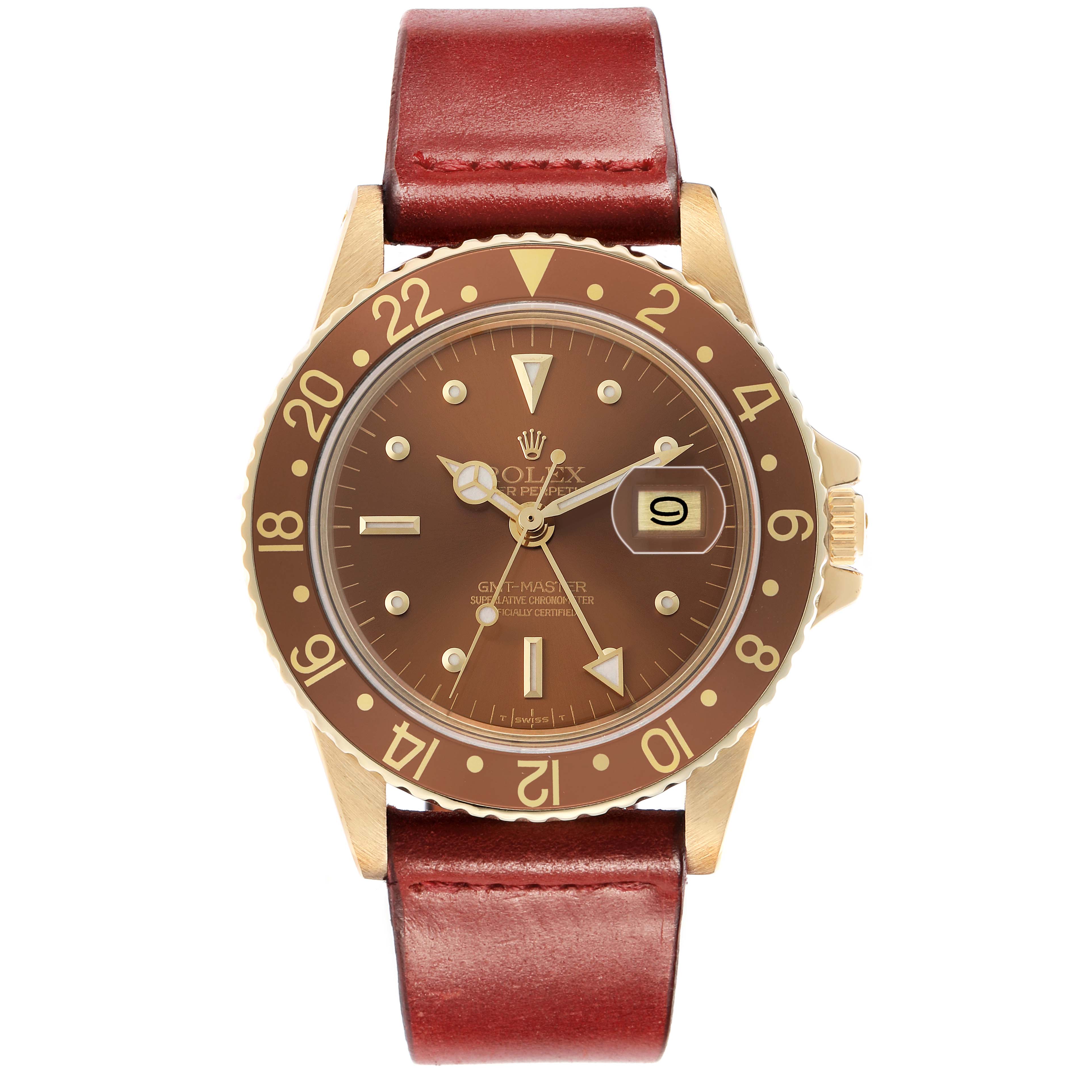 This Rolex GMT-Master 1675 Men
s Yellow Gold Brown Dial watch is shown from the front, featuring the dial, bezel, crown, and leather strap.