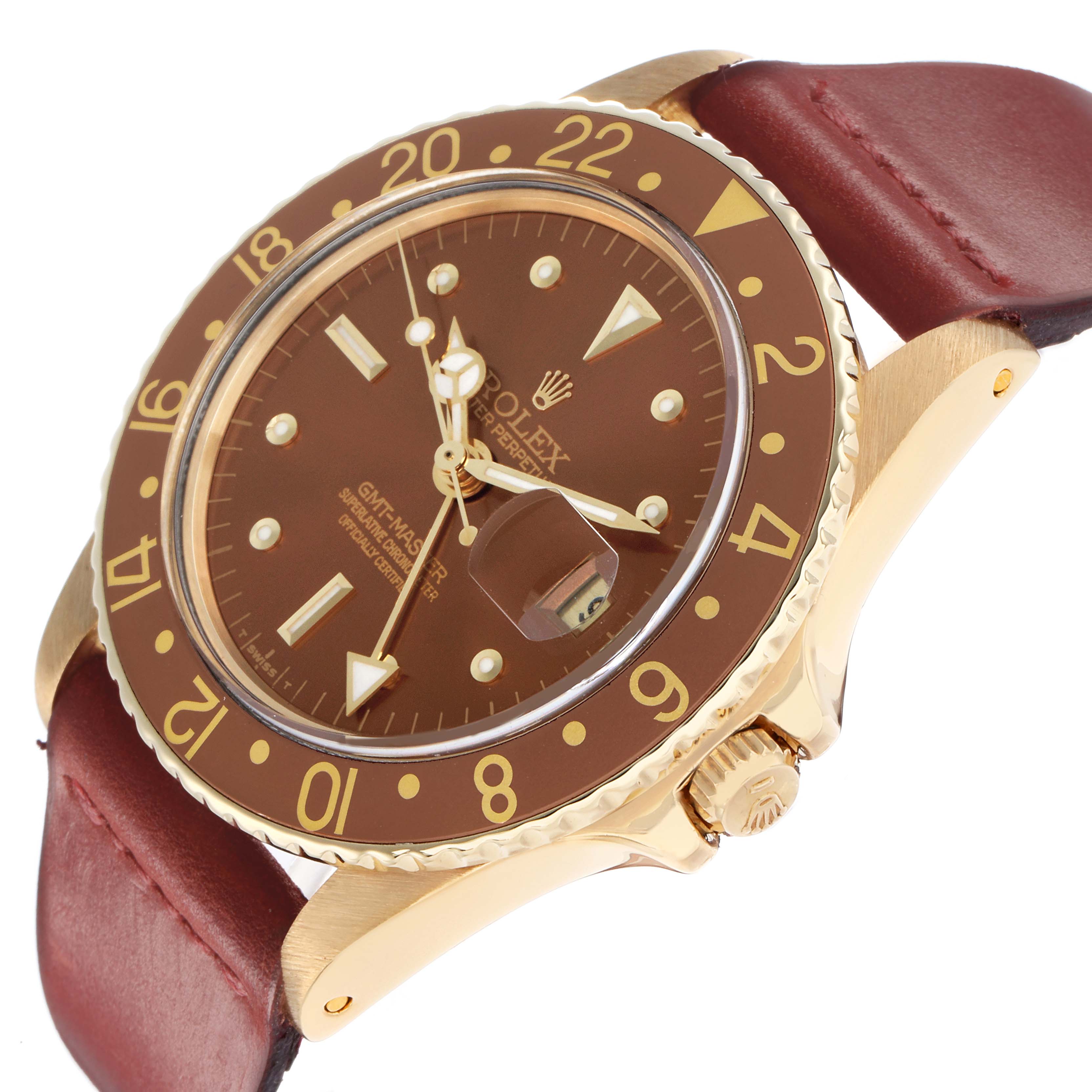 The Rolex GMT-Master 1675 Men
s Yellow Gold Brown Dial watch is shown at an angled view, highlighting the brown dial, gold bezel, and red leather strap.