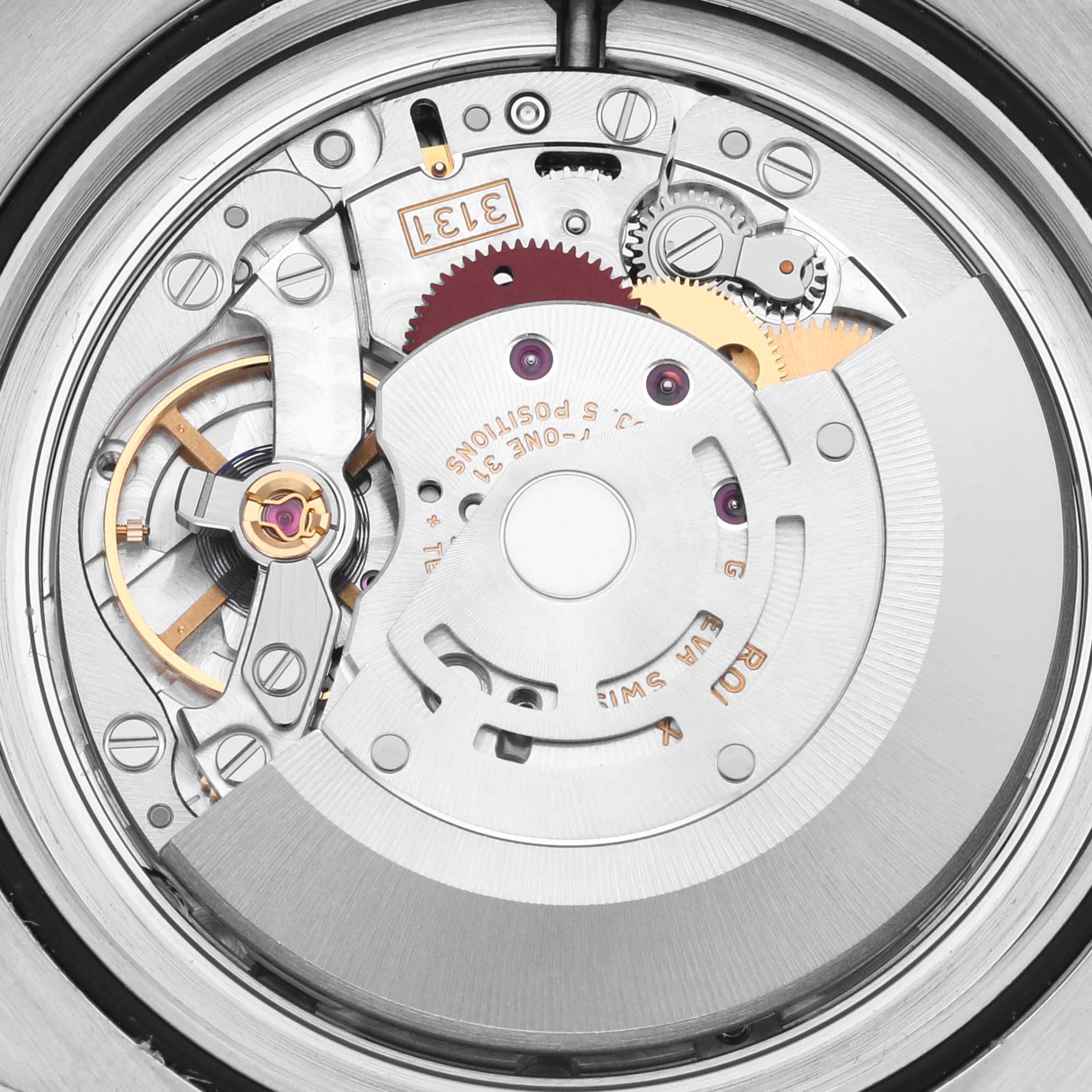 The image shows the internal mechanism of the Rolex Milgauss 116400GV Men's Stainless Steel Black Dial 116400GV Men's Stainless Steel Black Dial, focusing on the movement components from a top view.