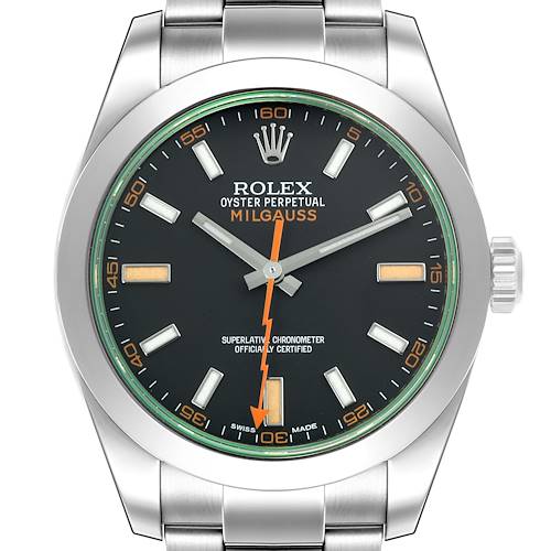 The Rolex Milgauss watch is shown from the front, highlighting the dial, hands, and casing.