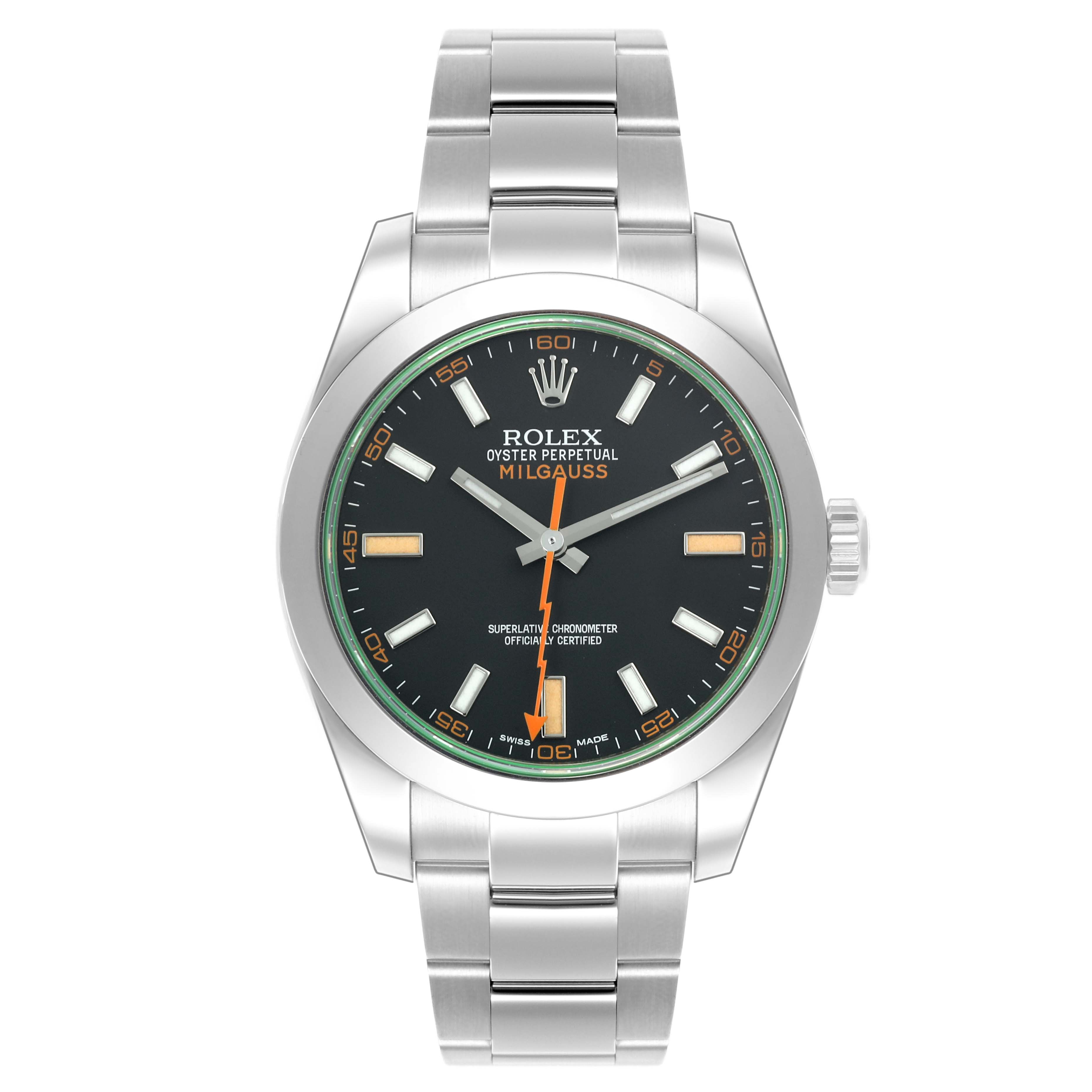 The Rolex Milgauss 116400GV Men's Stainless Steel Black Dial 116400GV Men's Stainless Steel Black Dial watch is shown from the front, displaying the dial, hands, and bracelet.