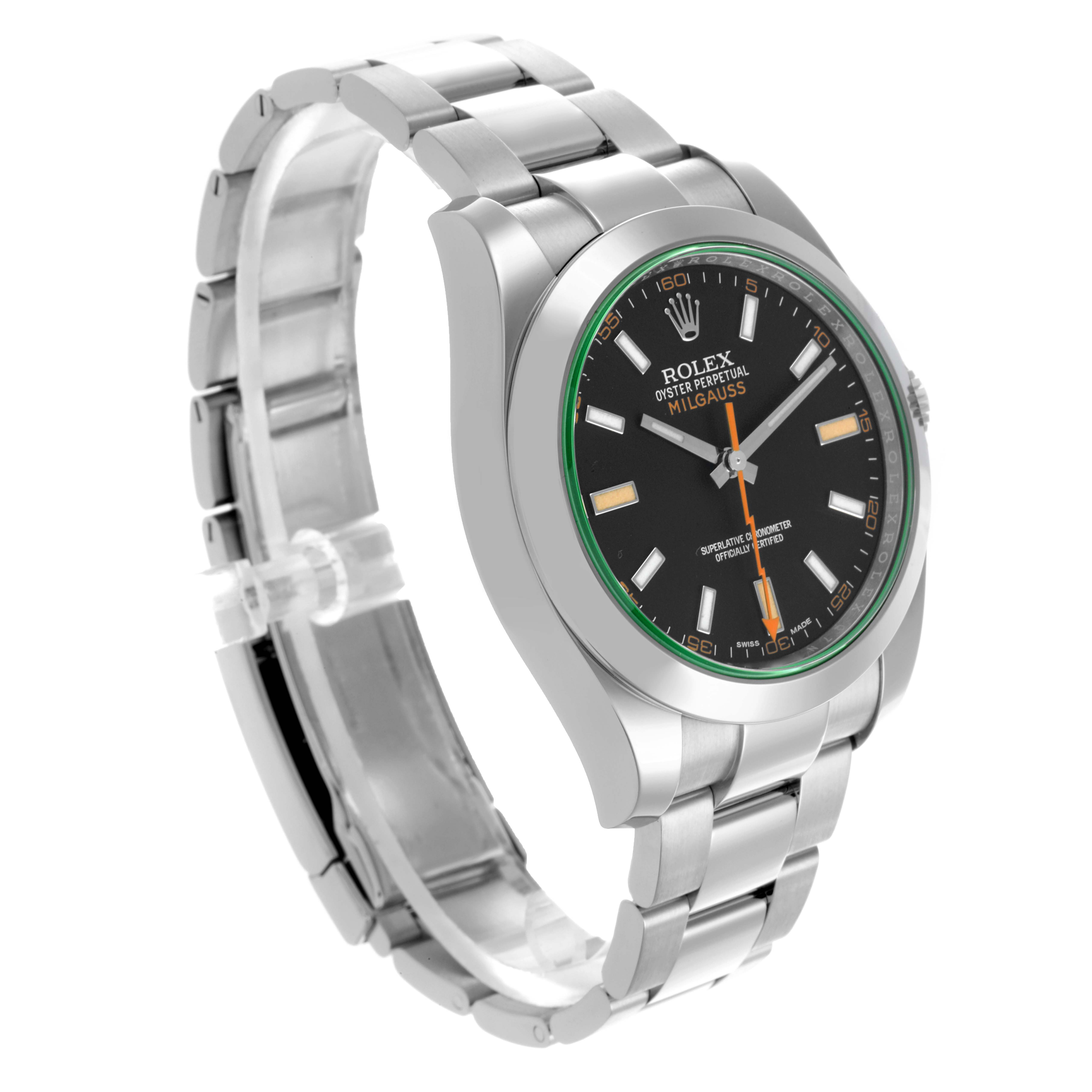 The Rolex Milgauss 116400GV Men's Stainless Steel Black Dial 116400GV Men's Stainless Steel Black Dial watch is shown at a three-quarter angle, highlighting the face, bezel, and bracelet.