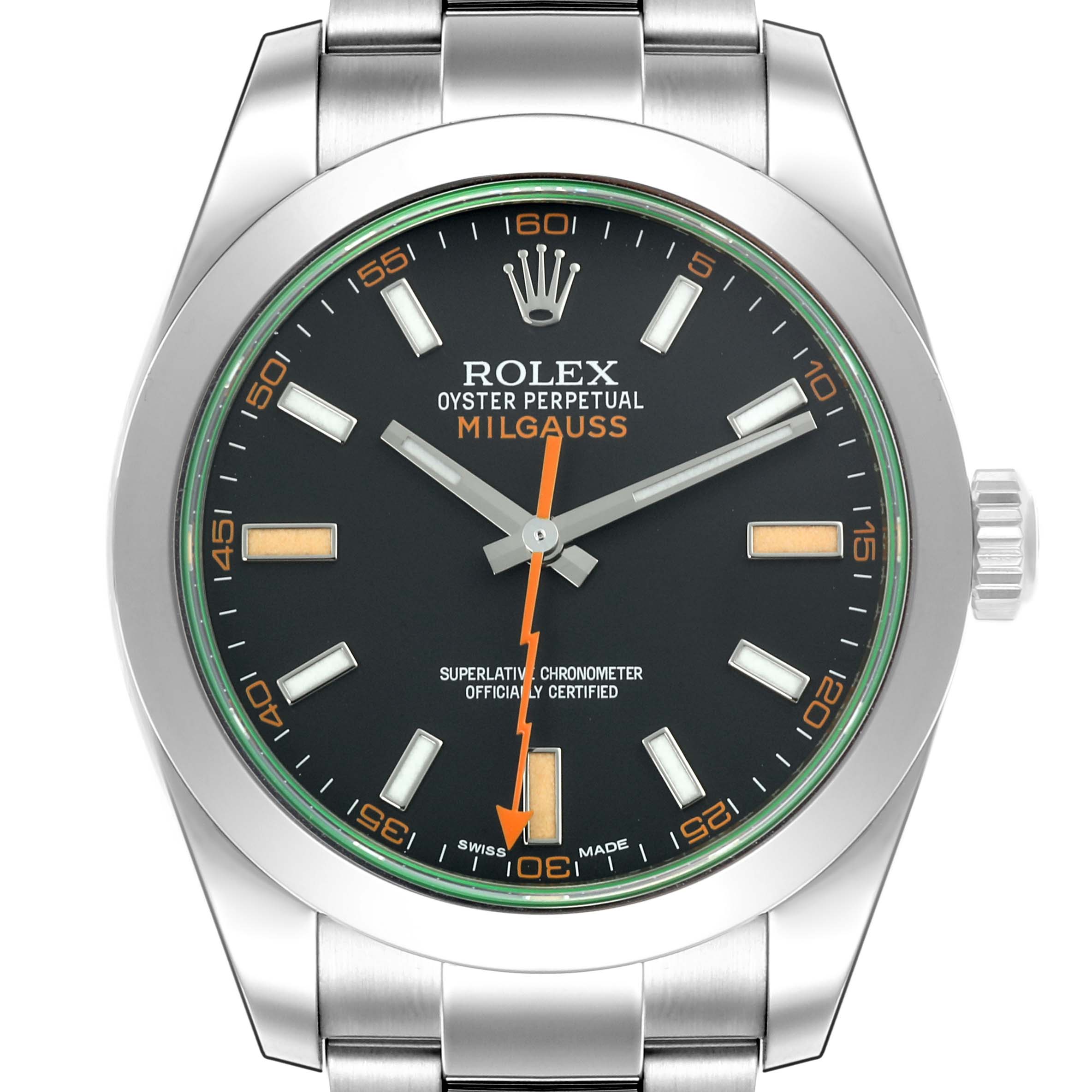 The image shows a front view of the Rolex Milgauss 116400GV Men's Stainless Steel Black Dial 116400GV Men's Stainless Steel Black Dial watch, highlighting the face, hands, and bracelet.
