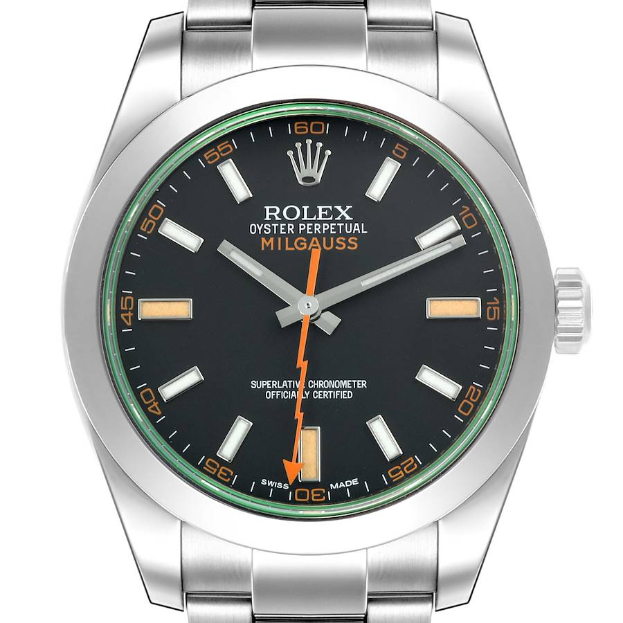 Rolex Milgauss Black Dial Green Crystal Steel Mens Watch 116400 Box Card SwissWatchExpo