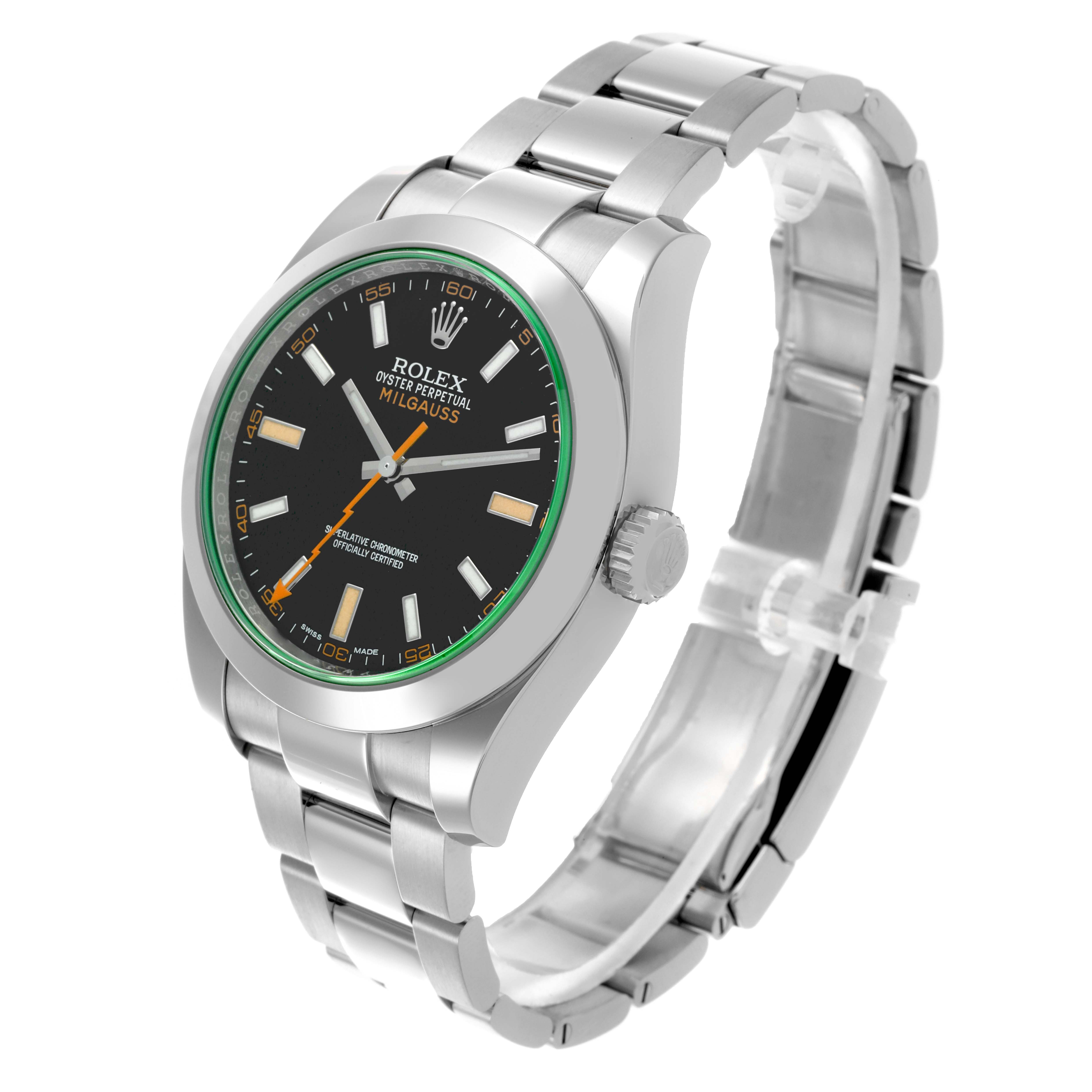 The Rolex Milgauss 116400GV Men's Stainless Steel Black Dial 116400GV Men's Stainless Steel Black Dial watch is shown at an angle highlighting the face, side, and bracelet.