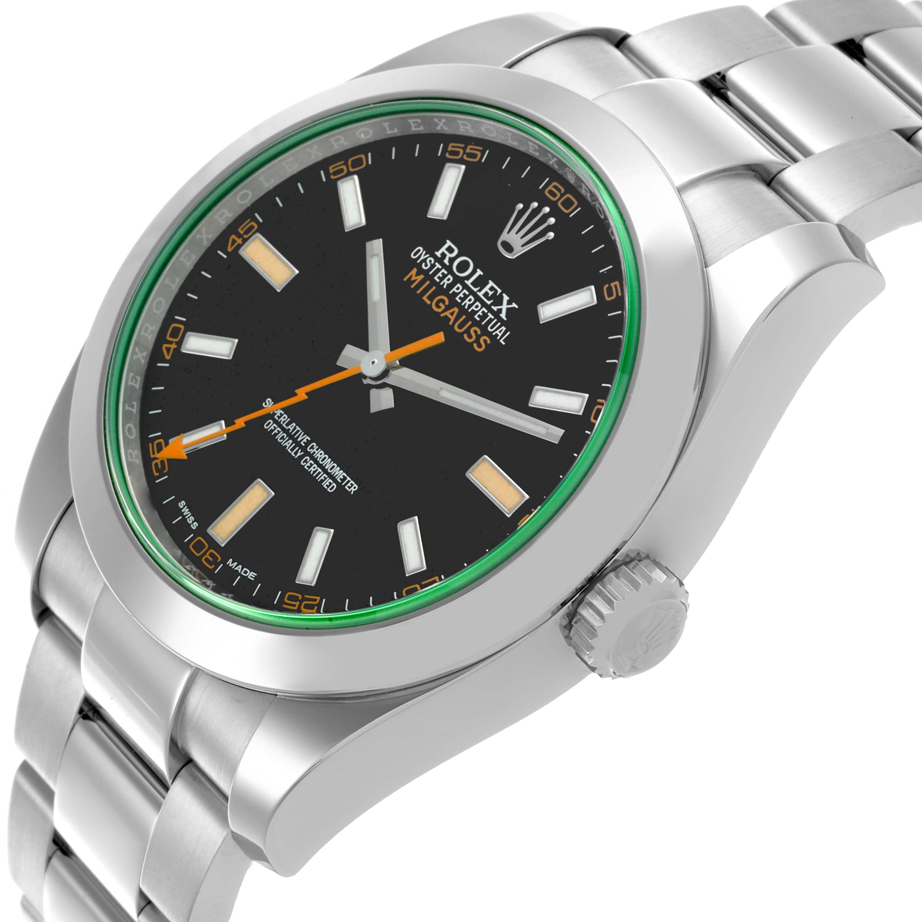 The Rolex Milgauss 116400GV Men's Stainless Steel Black Dial 116400GV Men's Stainless Steel Black Dial watch is shown at a front angle, highlighting its face, bezel, case, crown, and bracelet.