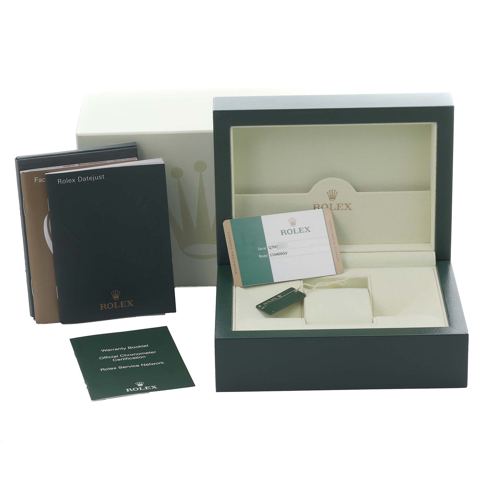 The image shows the packaging and accessories of a Rolex Milgauss 116400GV Men's Stainless Steel Black Dial 116400GV Men's Stainless Steel Black Dial, including a box, booklets, and a warranty card.