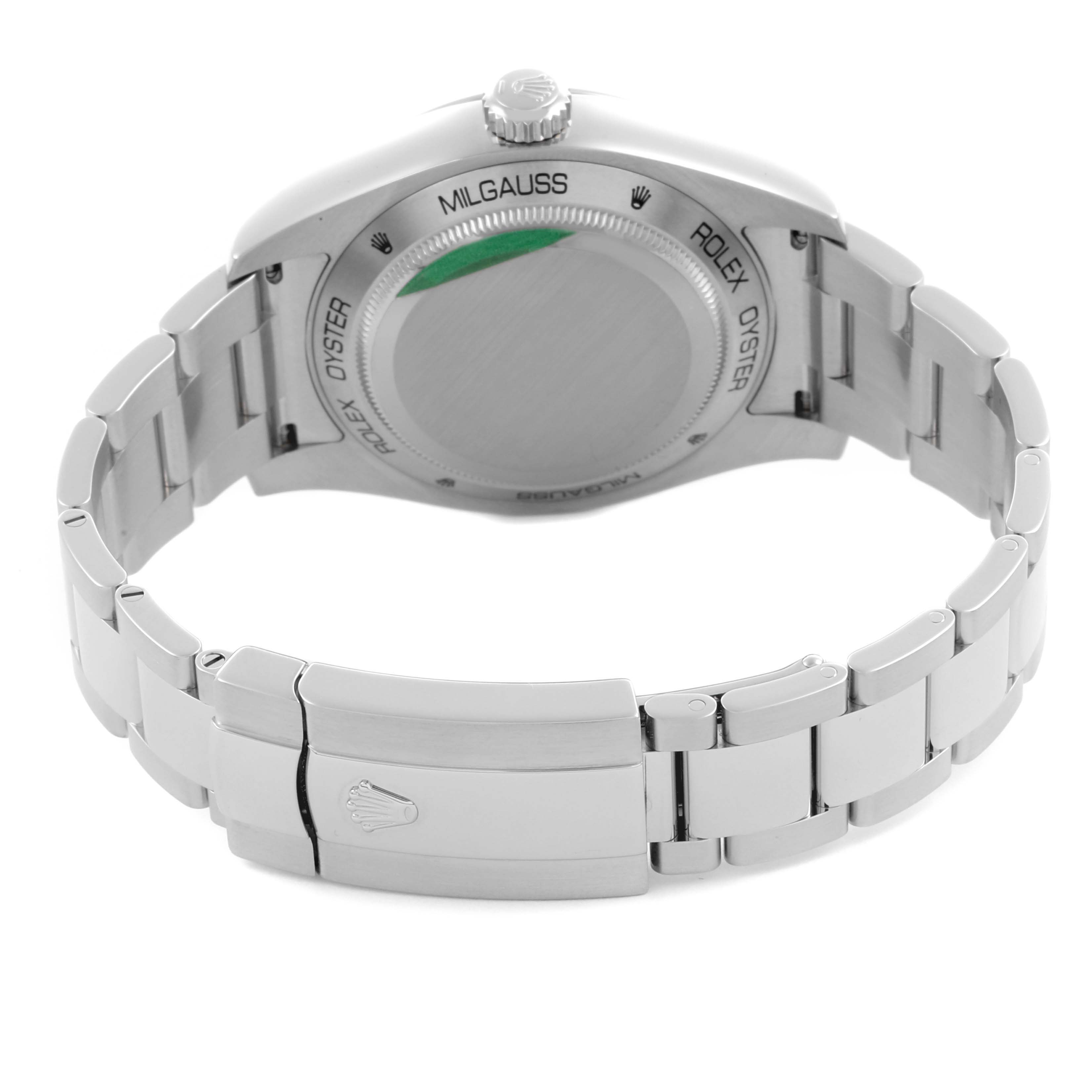 The image shows the Rolex Milgauss 116400GV Men's Stainless Steel Black Dial 116400GV Men's Stainless Steel Black Dial watch from the back, highlighting the case back and bracelet clasp.