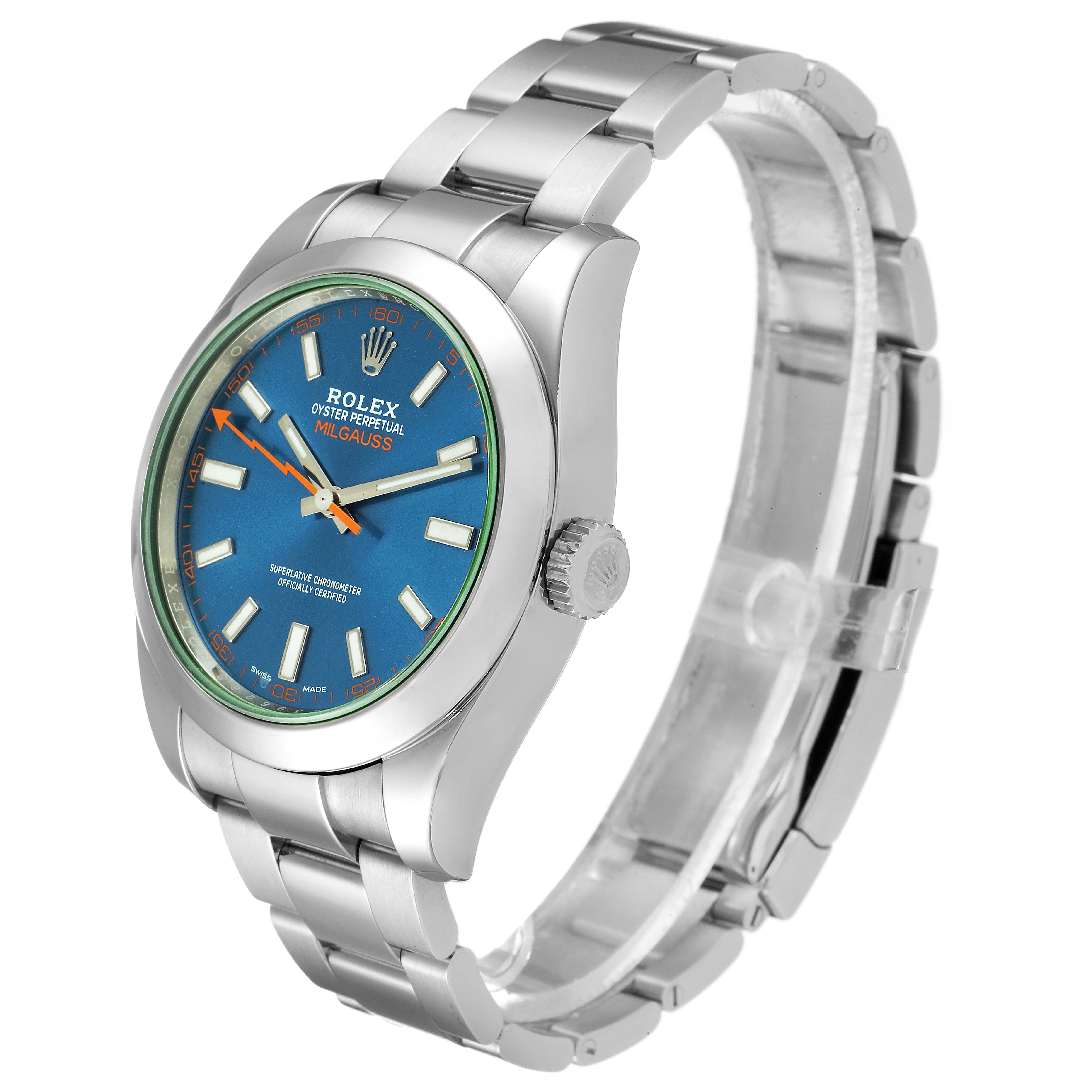 The Rolex Milgauss 116400GV Men's Stainless Steel Blue Dial 116400GV Men's Stainless Steel Blue Dial watch is shown at a three-quarter angle, highlighting its face, bezel, crown, and bracelet.