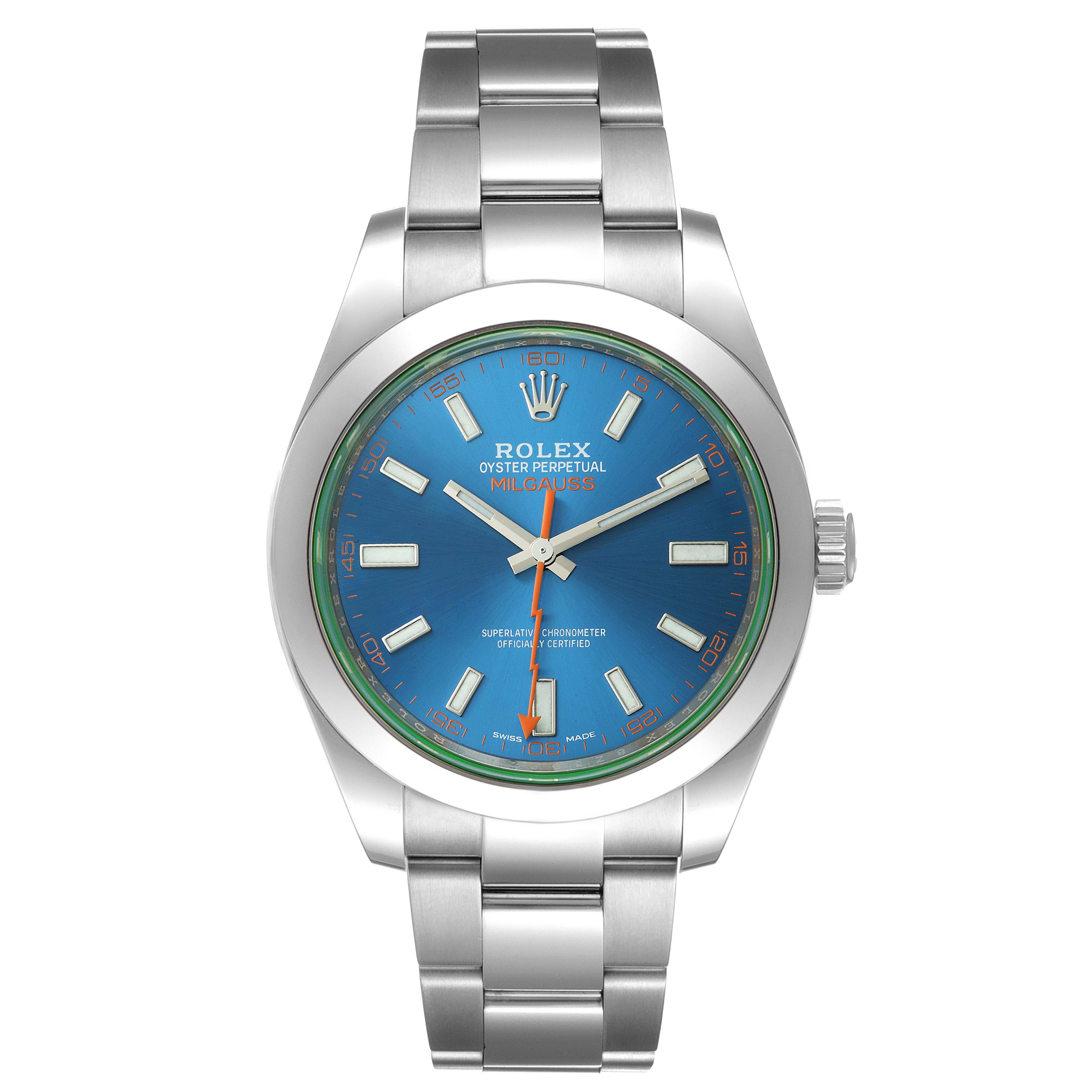 The image shows a Rolex Milgauss 116400GV Men's Stainless Steel Blue Dial 116400GV Men's Stainless Steel Blue Dial watch from a front angle, displaying the blue dial, stainless steel case, and bracelet.