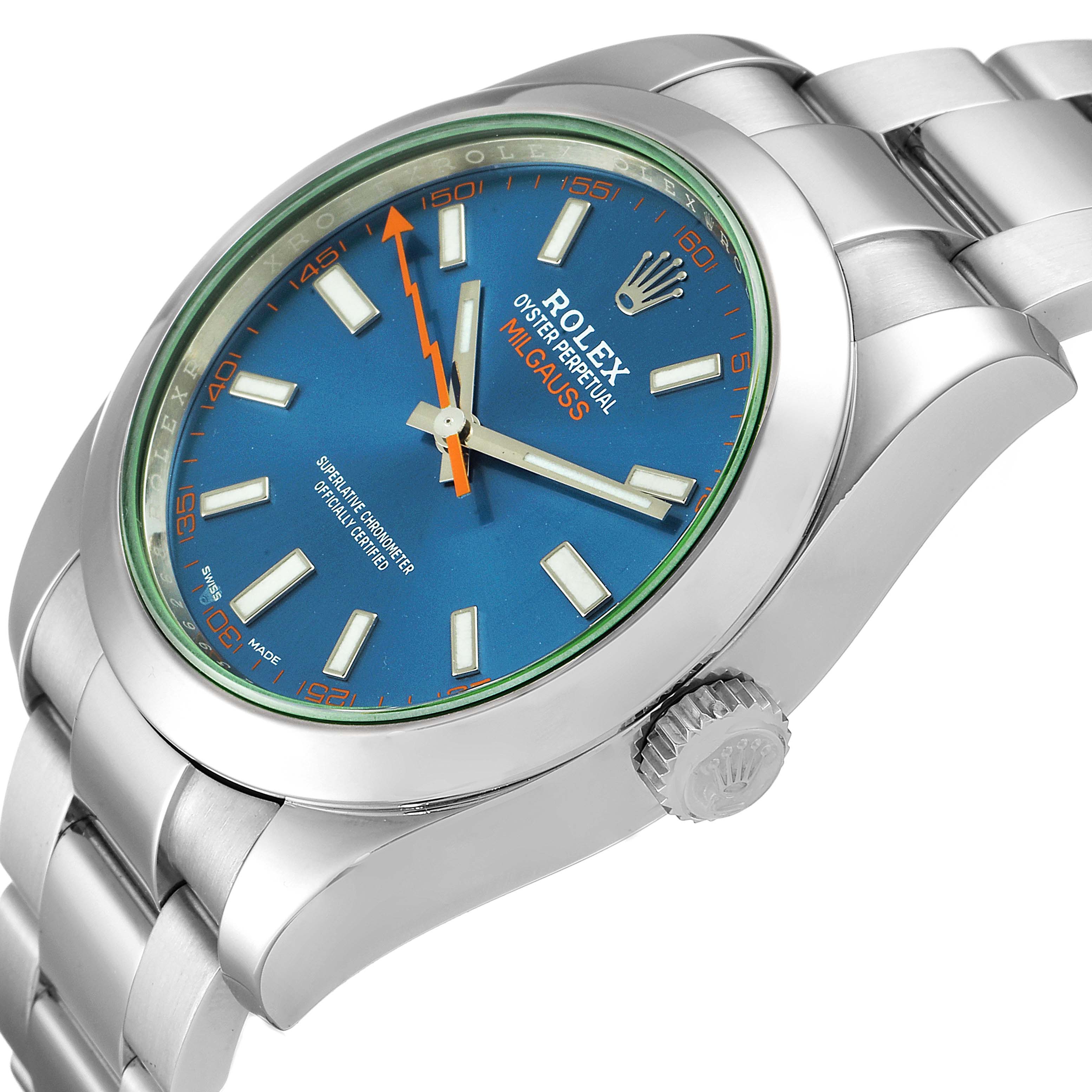 This image shows a close-up angled view of the Rolex Milgauss 116400GV Men's Stainless Steel Blue Dial 116400GV Men's Stainless Steel Blue Dial watch, highlighting its dial, crown, and bracelet.