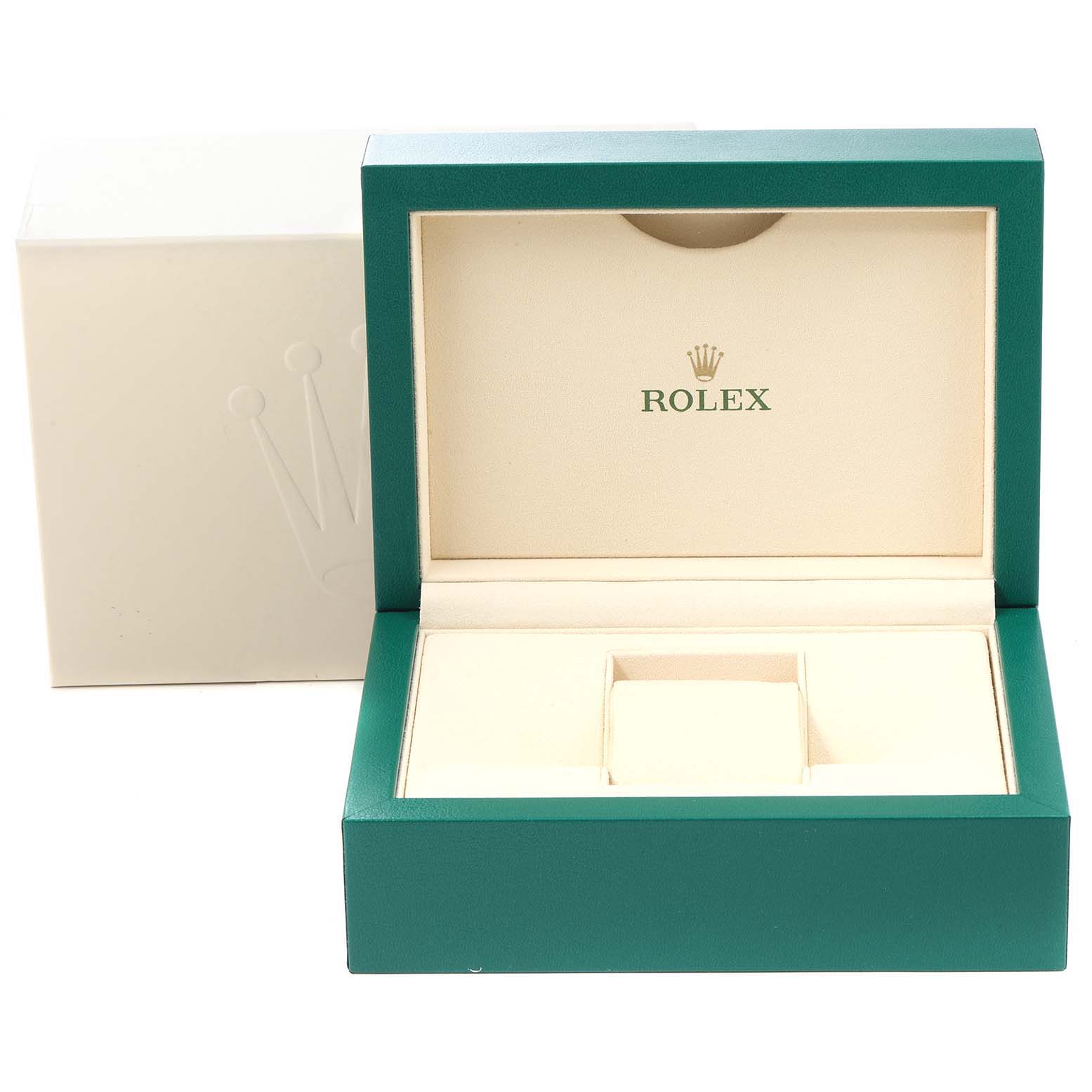 The image shows an open Rolex Milgauss 116400GV Men's Stainless Steel Blue Dial 116400GV Men's Stainless Steel Blue Dial watch box from a front angle, revealing its interior and packaging.