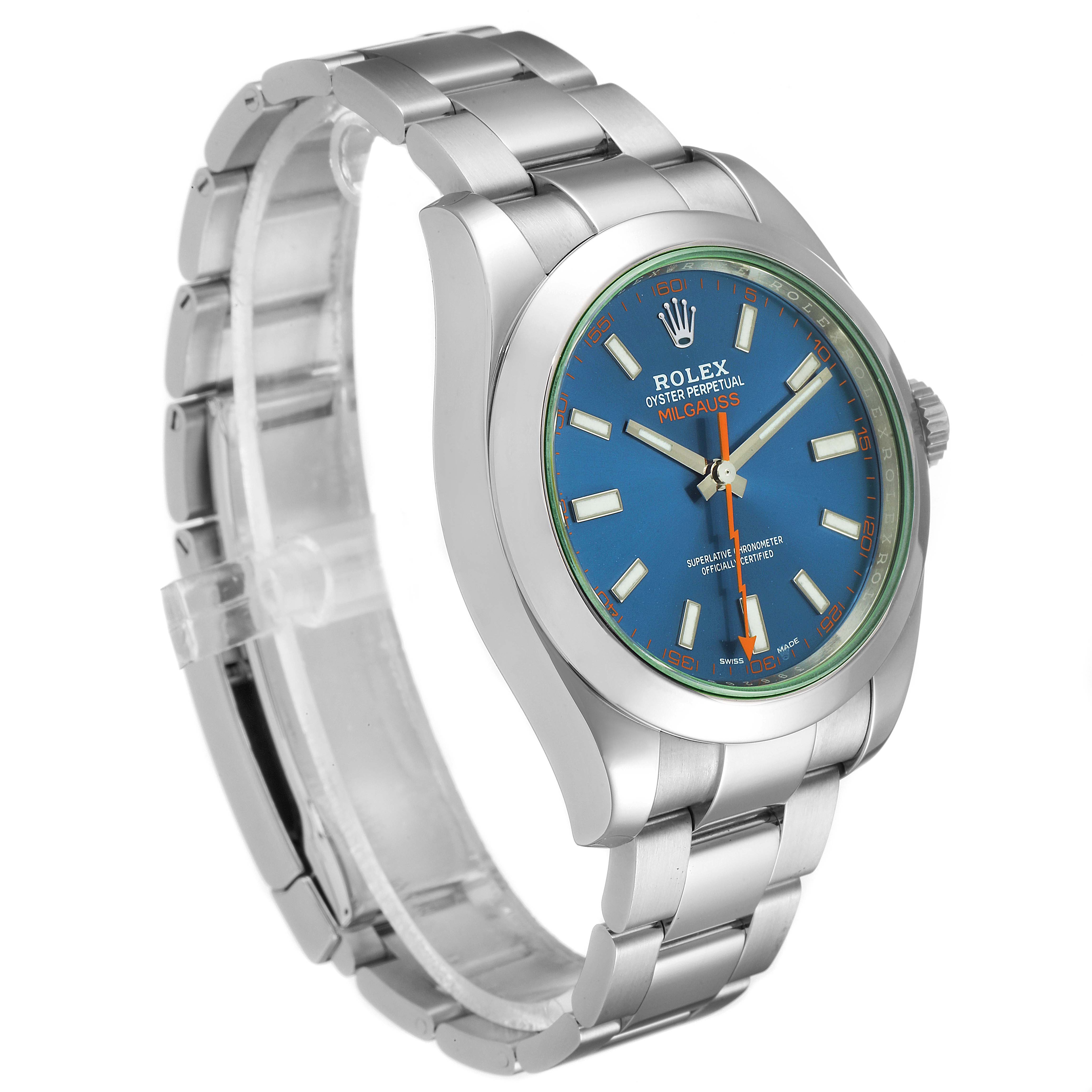 The image shows a Rolex Milgauss 116400GV Men's Stainless Steel Blue Dial 116400GV Men's Stainless Steel Blue Dial watch at a slight angle, highlighting its blue dial, stainless steel bracelet, and oyster case.