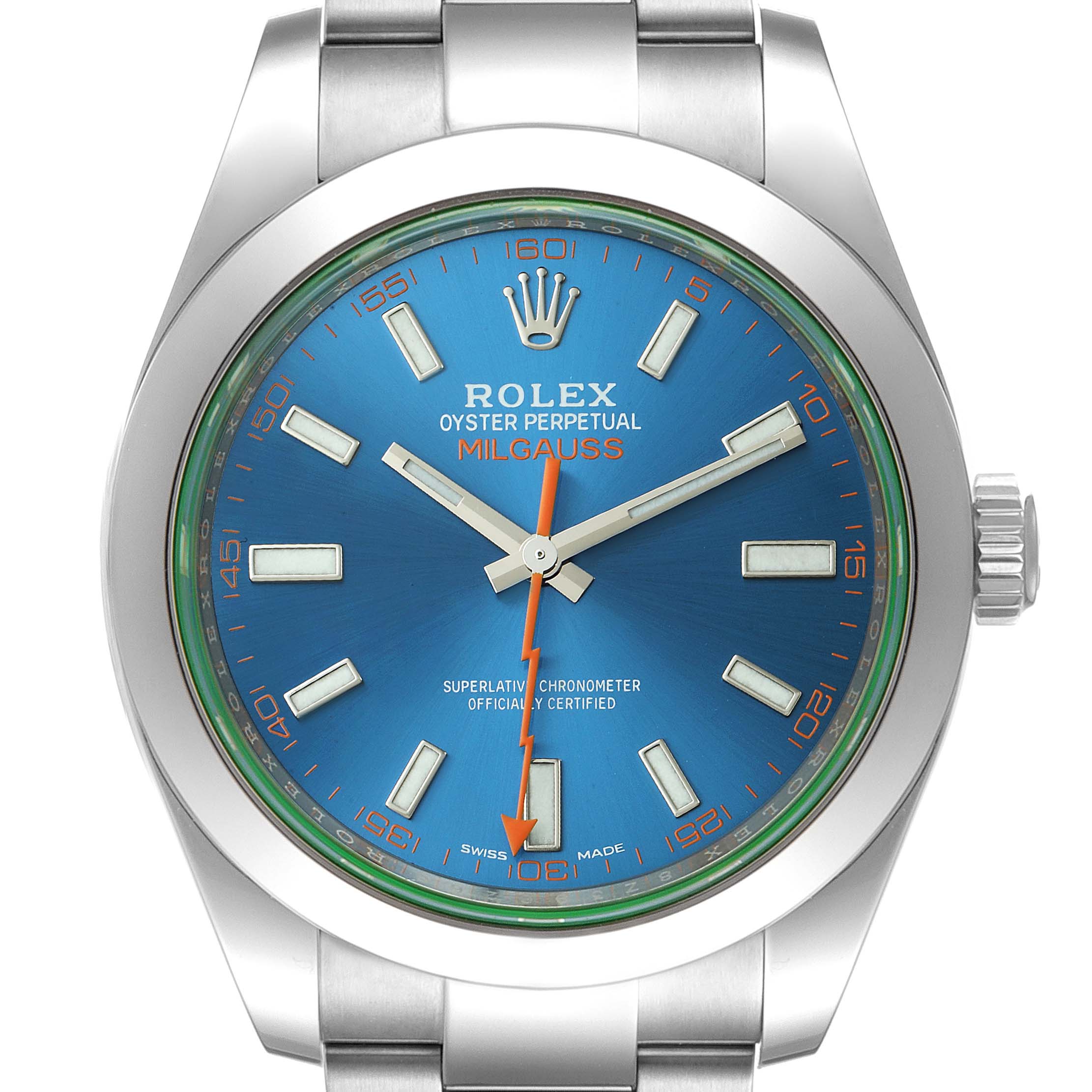 This image shows a front view of the Rolex Milgauss 116400GV Men's Stainless Steel Blue Dial 116400GV Men's Stainless Steel Blue Dial watch, highlighting its blue dial, orange lightning-bolt second hand, and stainless steel bracelet.
