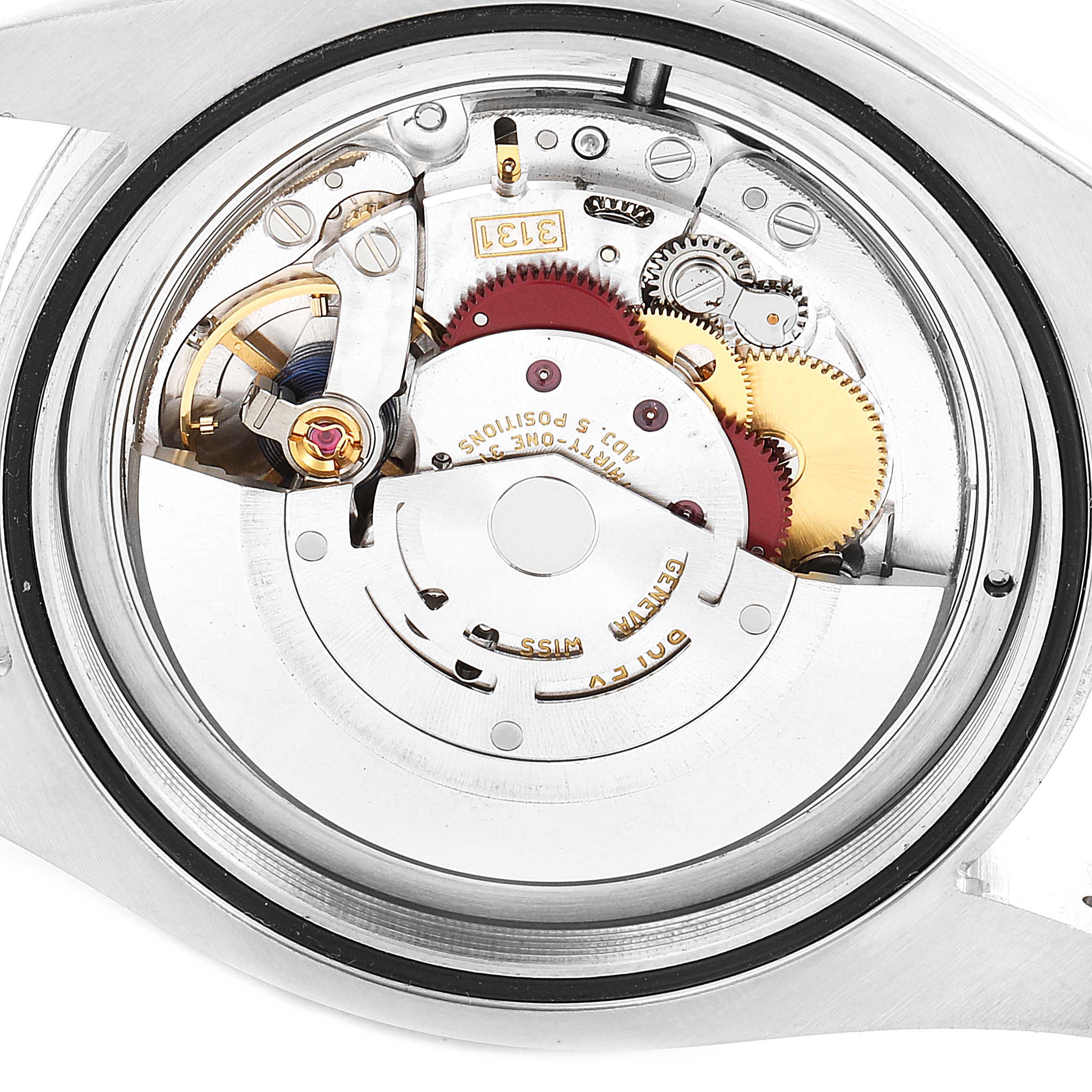 The image shows the internal movement mechanism of a Rolex Milgauss 116400GV Men's Stainless Steel Blue Dial 116400GV Men's Stainless Steel Blue Dial watch from a top-down angle.