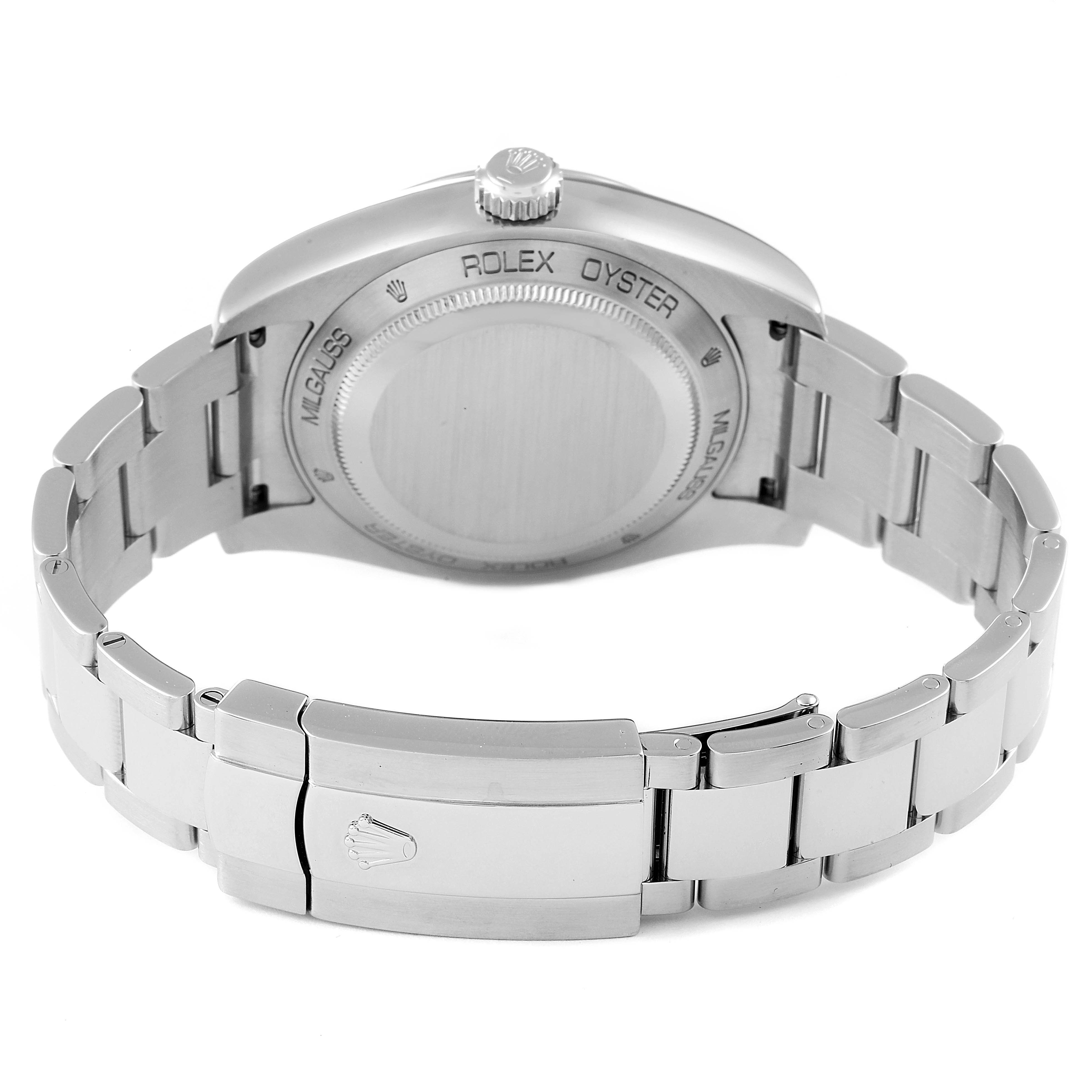 This image shows the back of a Rolex Milgauss 116400GV Men's Stainless Steel Blue Dial 116400GV Men's Stainless Steel Blue Dial watch, highlighting the case back, clasp, and bracelet.