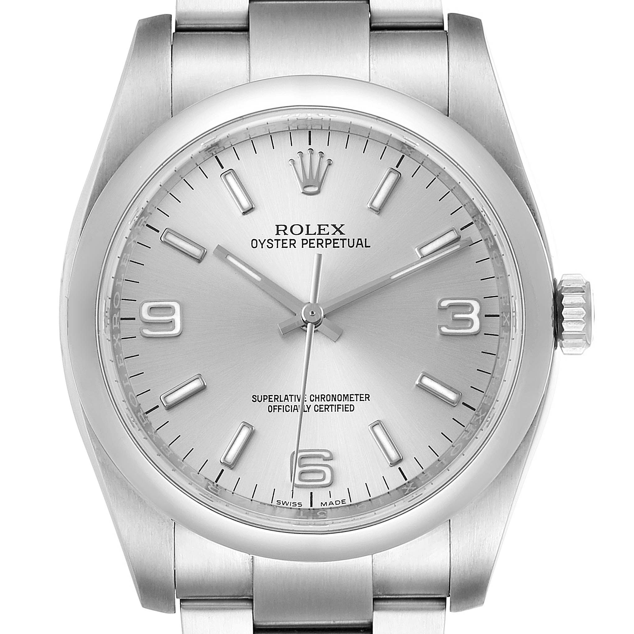 The image shows a front view of the Rolex Oyster Perpetual 116000 Men's Stainless Steel Silver Dial 116000 Men's Stainless Steel Silver Dial watch, displaying its dial, bezel, and part of its bracelet.